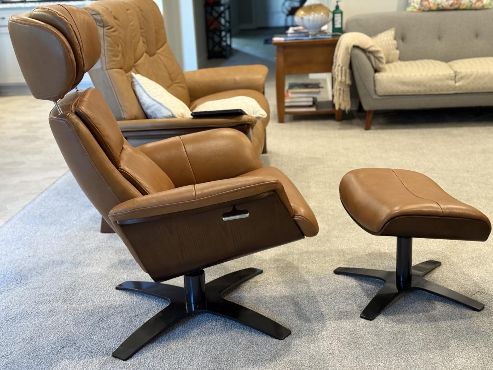 CHITA Genuine Leather Reclining Swivel Accent Chair with Ottoman, Teal | Eames Swivel Chair with Adjustable Backrest and Headrest for living Room & Office, 34.3