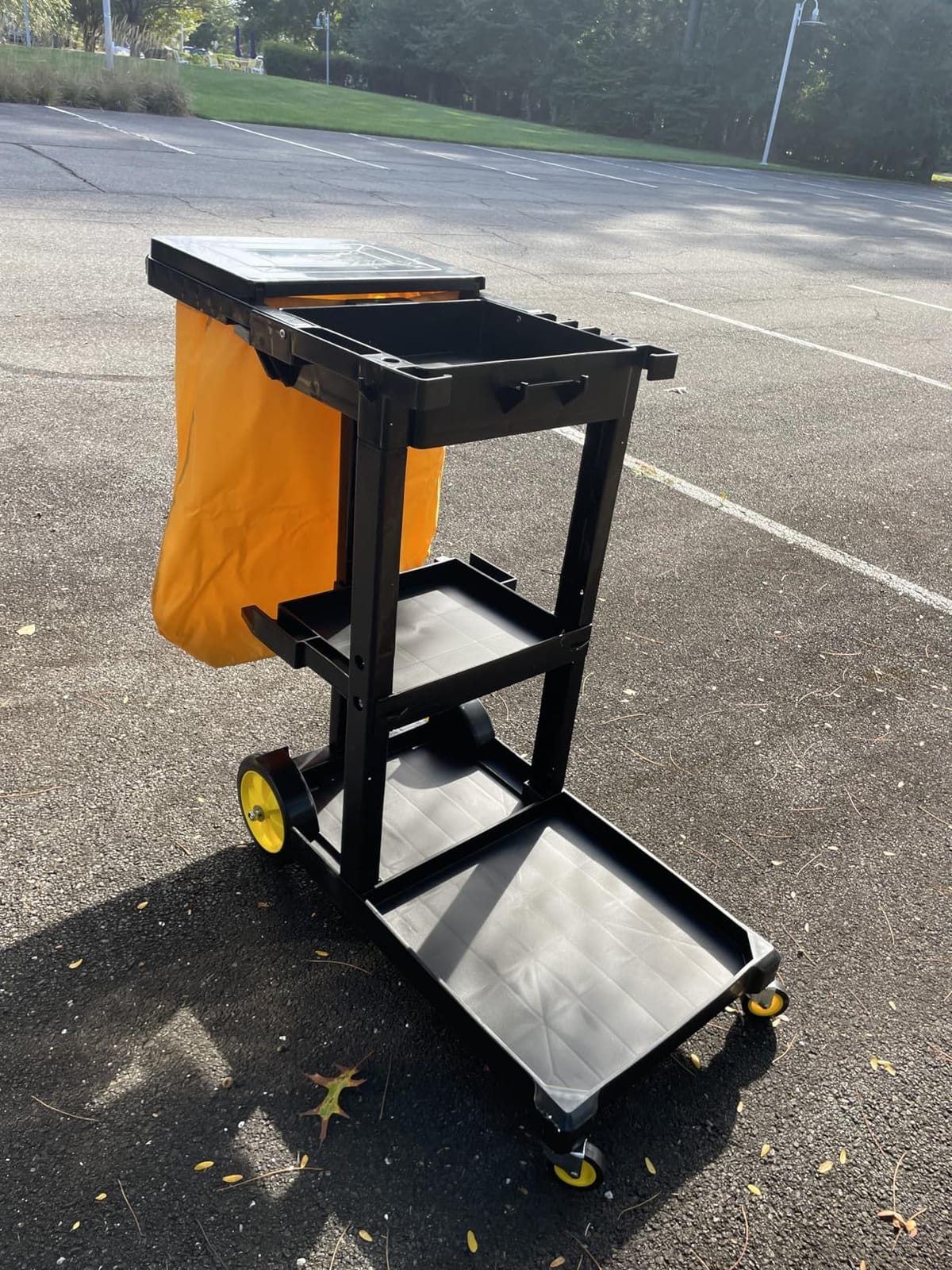 YITAHOME 3-Shelf Cleaning Carts on Wheels, Black Janitorial Cart with 2 Yellow 25 Gallon Vinyl Bag and Rubber Gloves customer photo 1