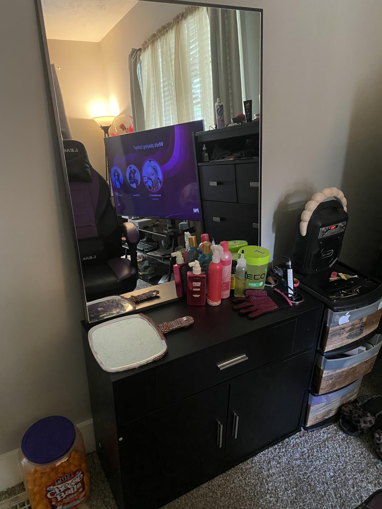 OmySalon Wall Mount Salon Station with Mirror, Hair Styling Barber Station, Beauty Salon Spa Equipment with 1 Drawer, 1 Storage Cabinet, 2 Hair Dryer Holders, Black customer photo 2