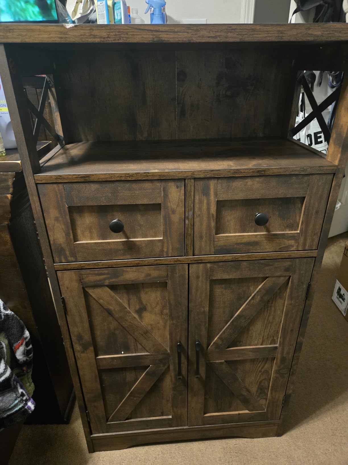 Farmhouse Storage Cabinet with Drawers, Small Kitchen Pantry Cabinet, White | Accent Coffee Bar Cabinet Cupboard, 2 Drawers, 2 Barn Doors & Adjustable Shelves, for Kitchen/Entryway/Living Room/Bathroom customer photo 1