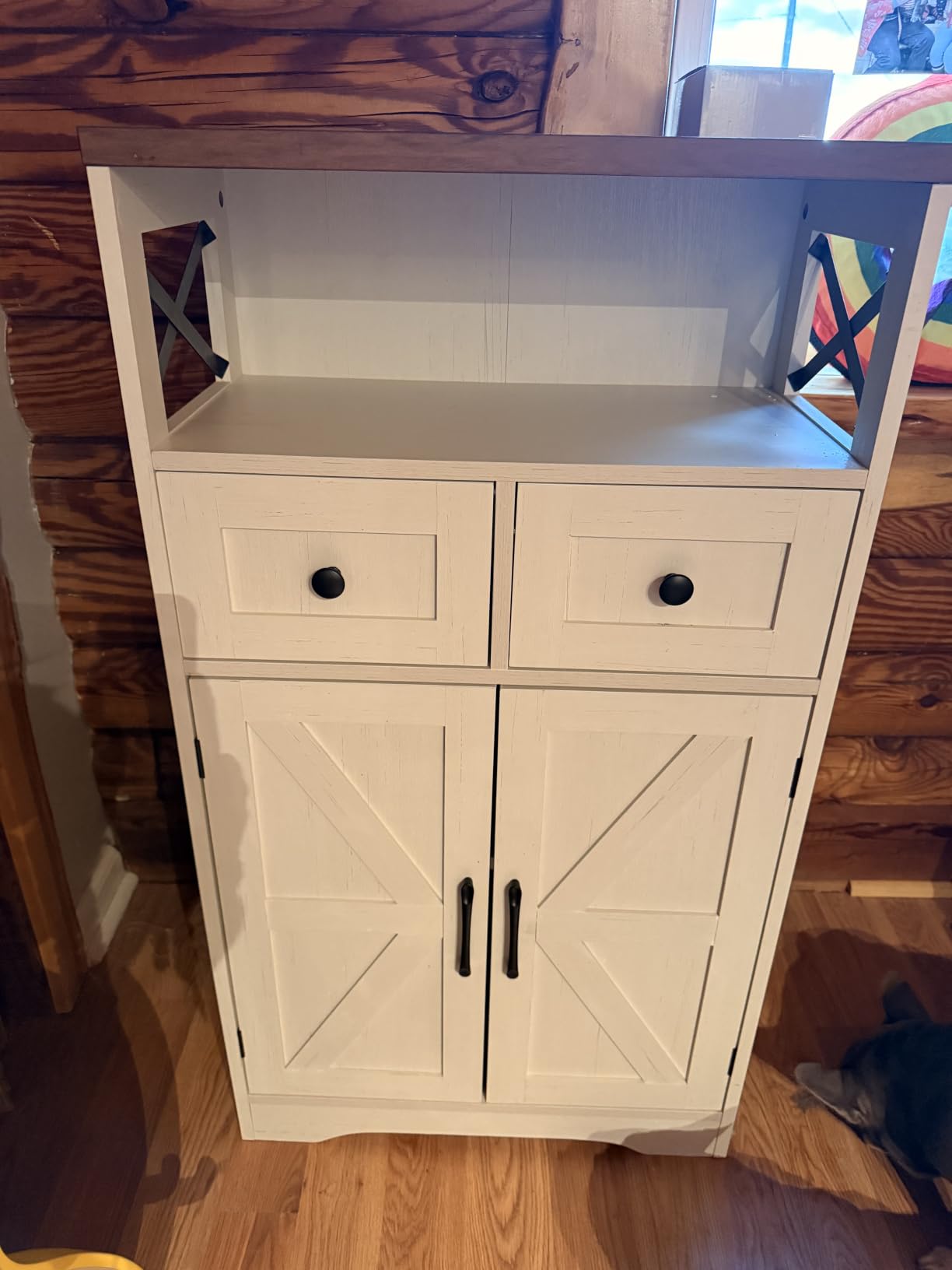 Farmhouse Storage Cabinet with Drawers, Small Kitchen Pantry Cabinet, White | Accent Coffee Bar Cabinet Cupboard, 2 Drawers, 2 Barn Doors & Adjustable Shelves, for Kitchen/Entryway/Living Room/Bathroom customer photo 2