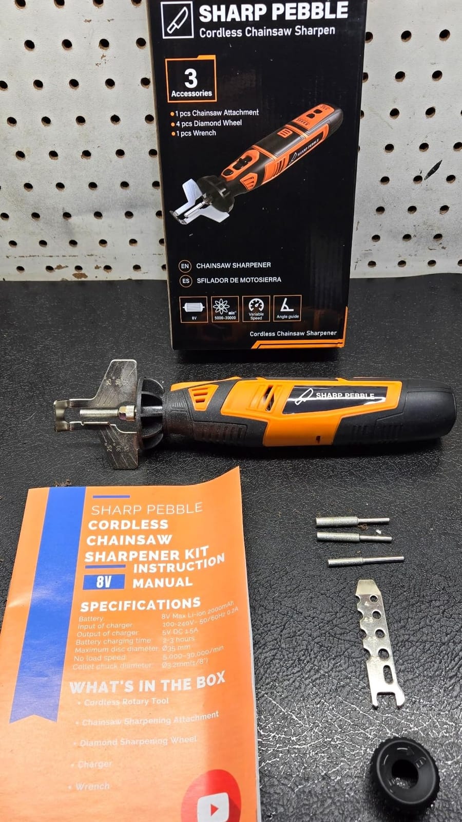 Sharp Pebble Electric Cordless Chainsaw Sharpener Kit - Chain Saw Tool | 4 File Size Sharpening Wheels, Angle Attachment, Wrench & eBook - Sharpen Chainsaw Chains Anywhere, Anytime customer photo 2