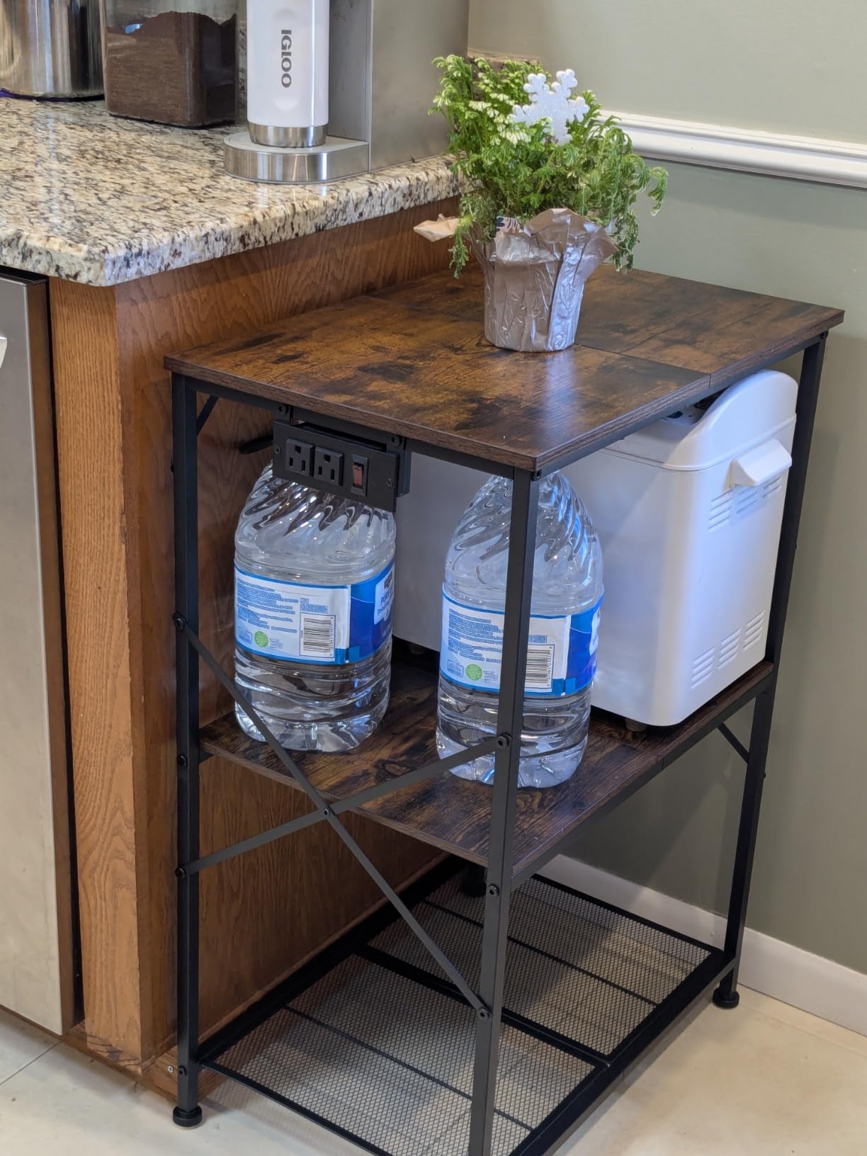 Furologee Kitchen Bakers Rack with Power Outlet, Microwave Oven Stand with Storage 4 Tiers, Coffee Bar Table with 6 S Hooks, Kitchen Storage Shelf Rack for Spices, Pots, Rustic Brown customer photo 2