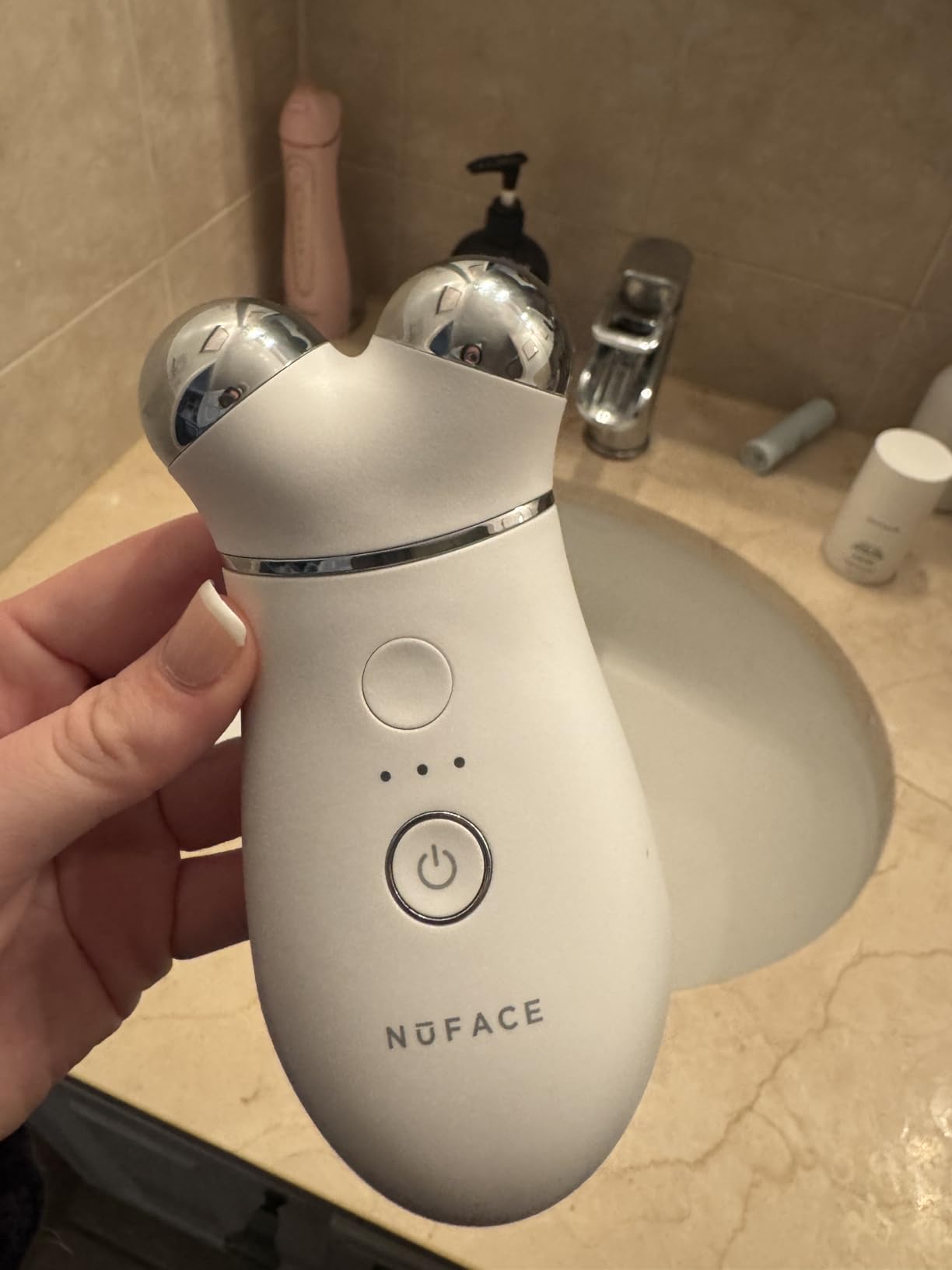 NUFACE Trinity+ Skin Tightening & Face Lift Device - Microcurrent Facial Sculpting Tool to Contour Cheeks, Jawline & Neck, 3 Frequencies, Supports Lymphatic Drainage + Activator Gel, Sandy Rose customer photo 1