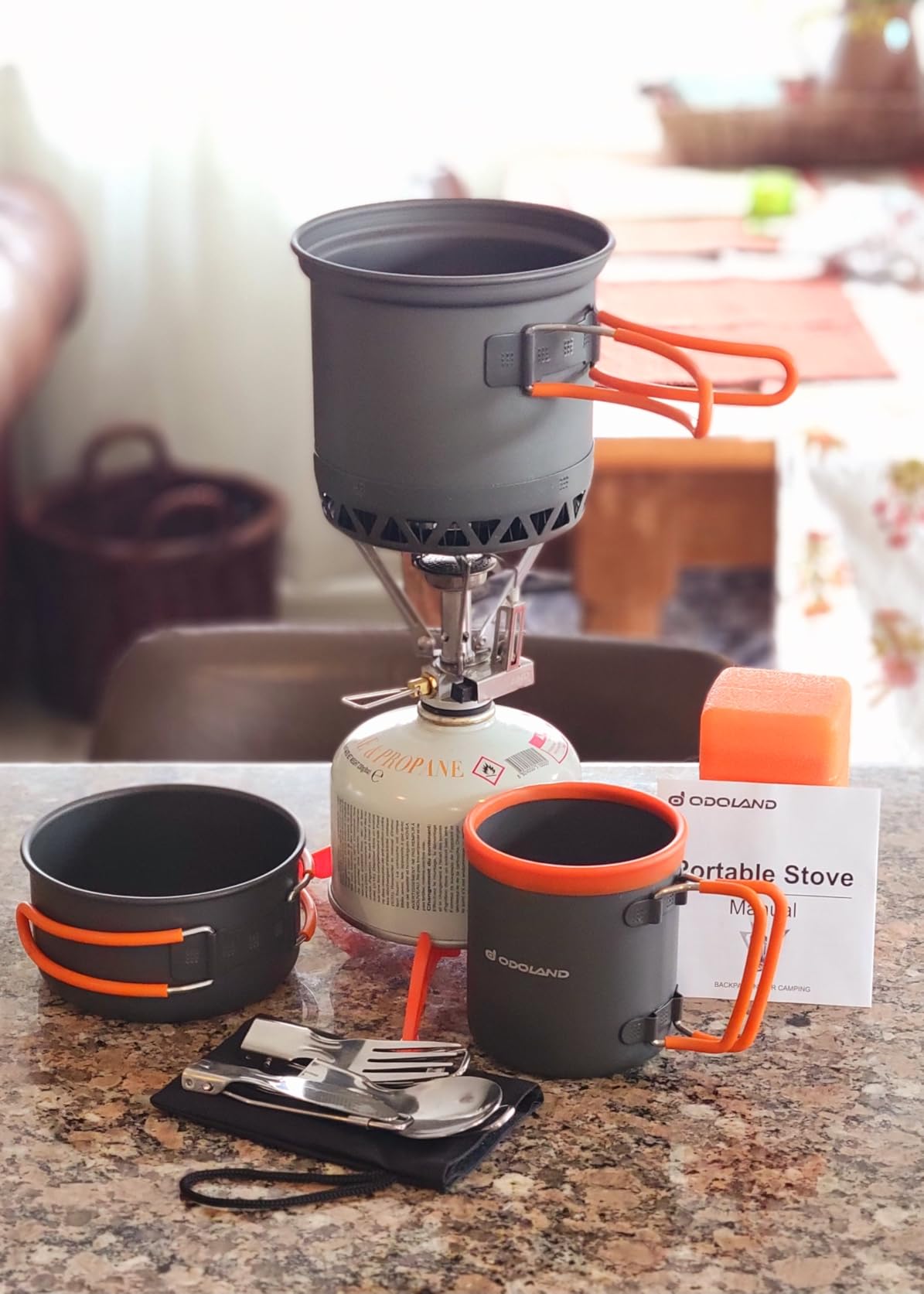 Odoland Camping Pots with Heat Exchanger Camping Cooking Set with Portable Camping Stove Camping Mess Kit Include Mug, Folding Utensil Set, Canister Stabilizer for Backpacking Outdoor Hiking & Picnic customer photo 2