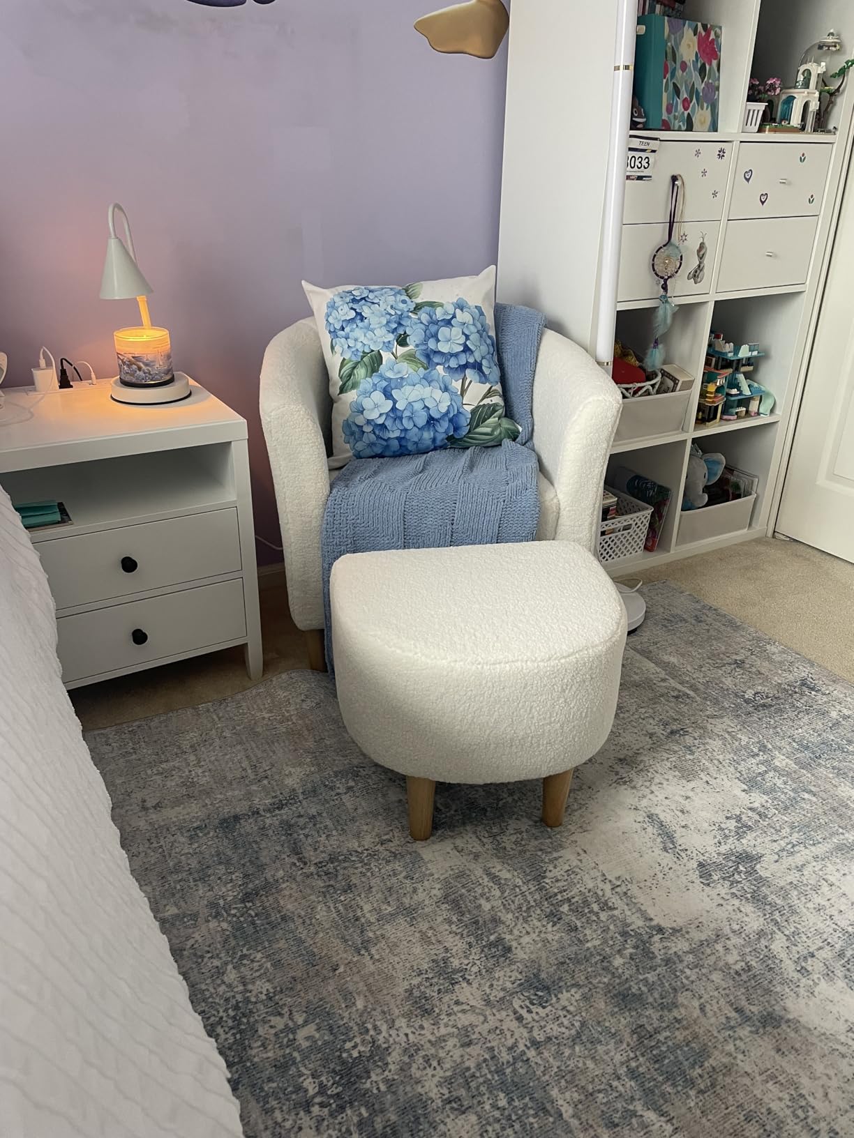 DAZONE Sherpa Accent Chair with Ottoman White Fluffy Teddy Barrel Armchair, Small Side Chair for Living Room, Bedroom, Reading Corner, Footrest, Boucle Corner Armchair, Solid Wood Legs, Soft Cushion customer photo 2