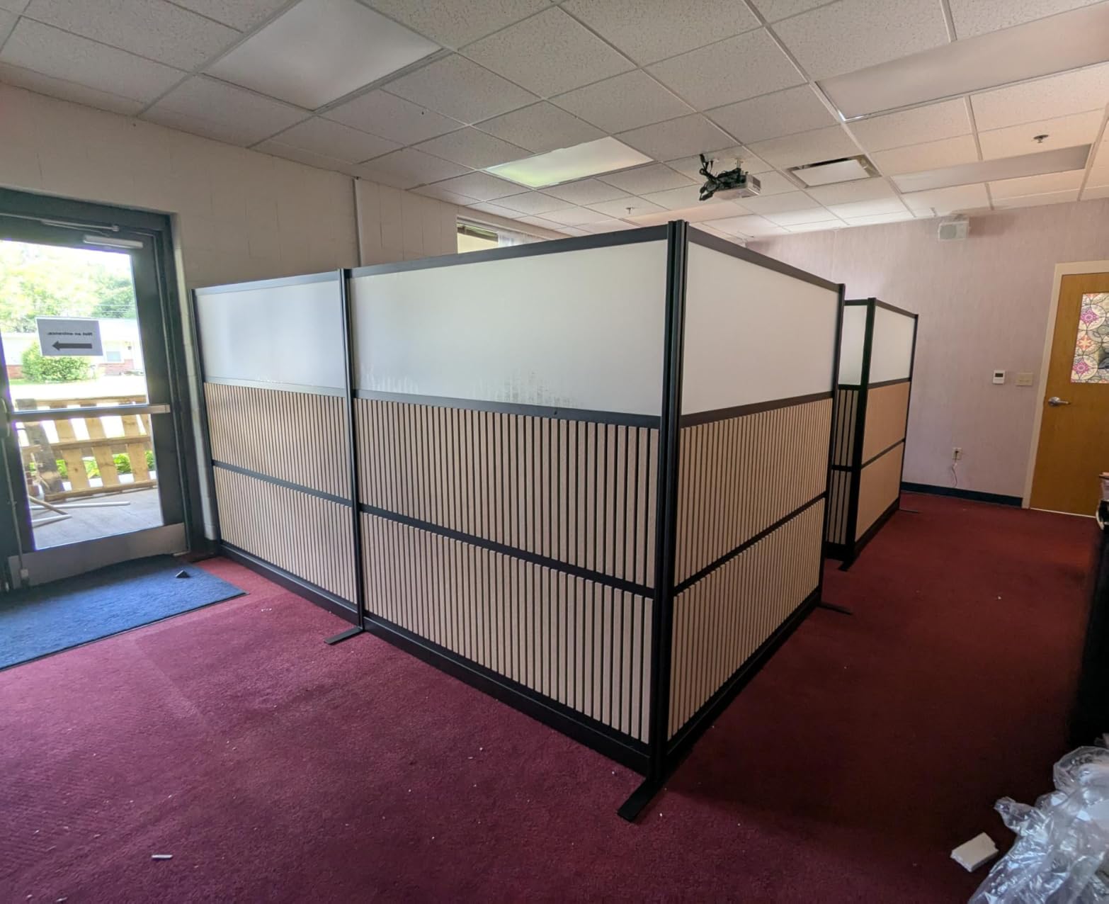Grove Modular Wall | Room Divider with Faux Wood Slats, Sound Dampening Panels | Expandable Office Partition for Privacy & Stability (70