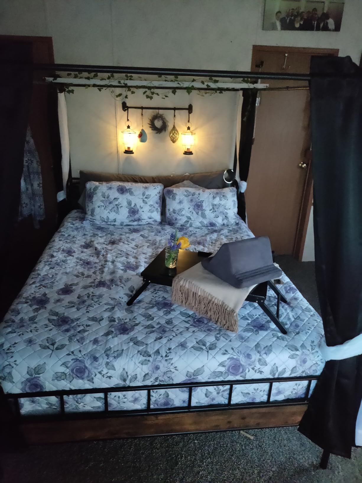 LIKIMIO King Canopy Bed Frame, Storage Headboard with Charging Station customer photo 1