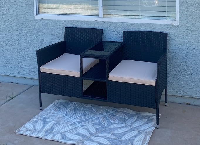 Devoko Outdoor Patio Loveseat Rattan 2-Seat Patio Conversation Set, Beige | Porch Furniture Wicker Bench with Cushions & Built-in Coffee Table for Garden Lawn Backyard customer photo 2