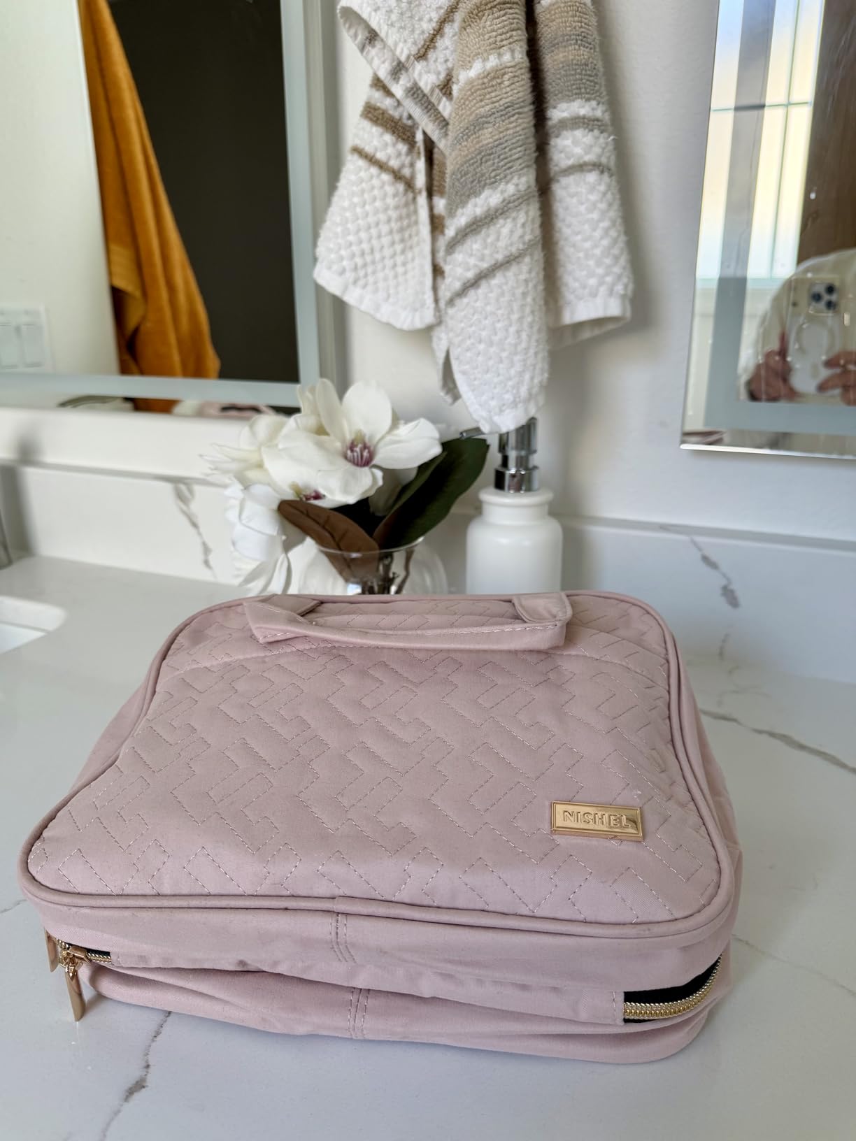 NISHEL Travel Toiletry Bag for women, Portable Hanging makeup Organizer | for Travel-Sized Shampoo, Conditioner, Brushes Set, makeup Accessories, Medium Size, Pink customer photo 2