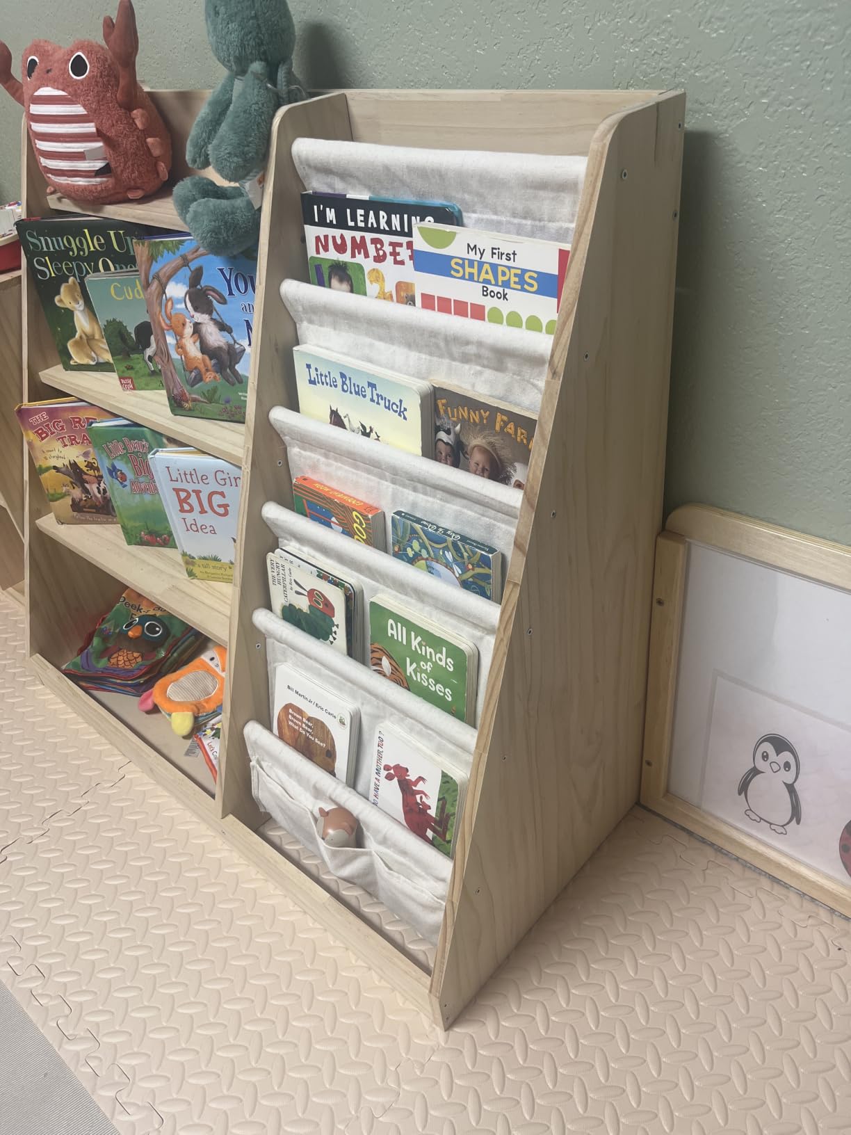 EXPERLAM Kids Bookshelf and Toy Storage Organizer, 4 Tier Wooden Kids Book Shelf with Sling Book Rack in Kids Room Playroom Nursery for Kids, Children, Toddlers customer photo 1