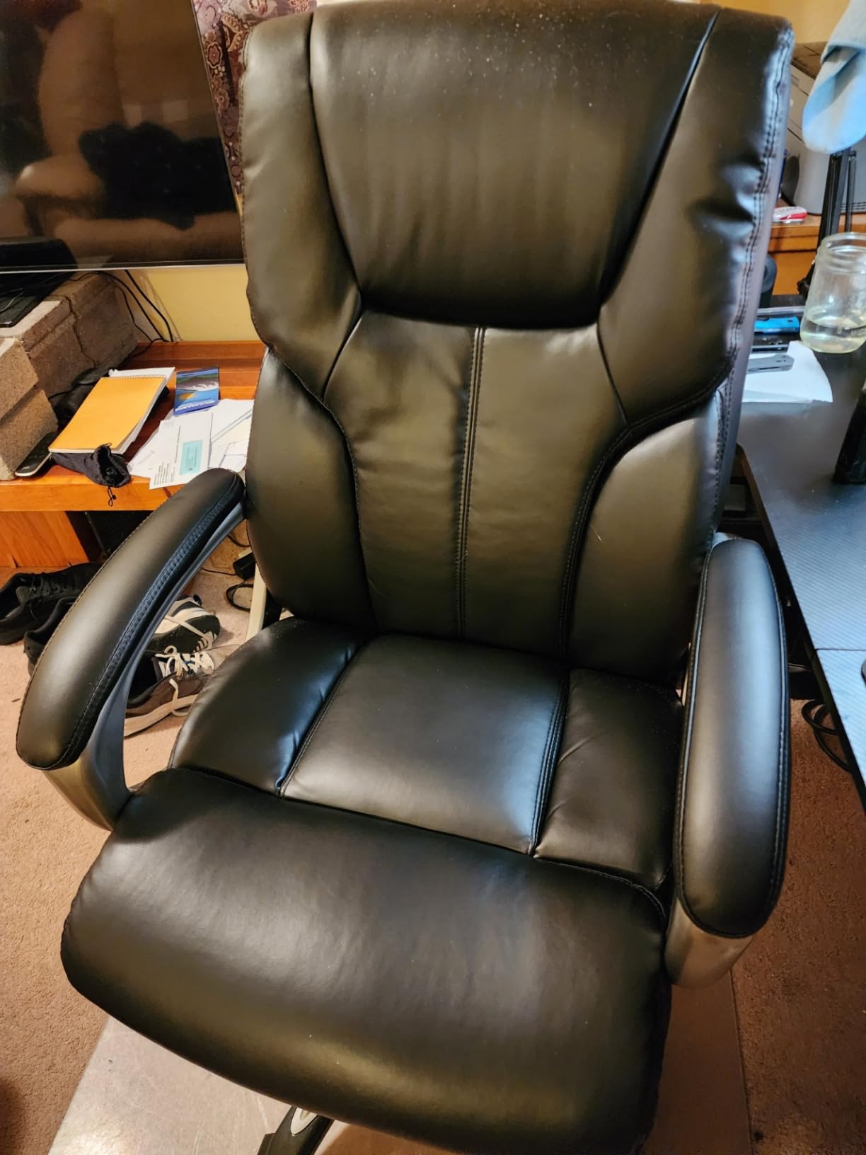 Amazon Basics Executive High Back Office Chair, Adjustable Height, Tilt, Swivel, Padded Armrests, Brown/Gold customer photo 1