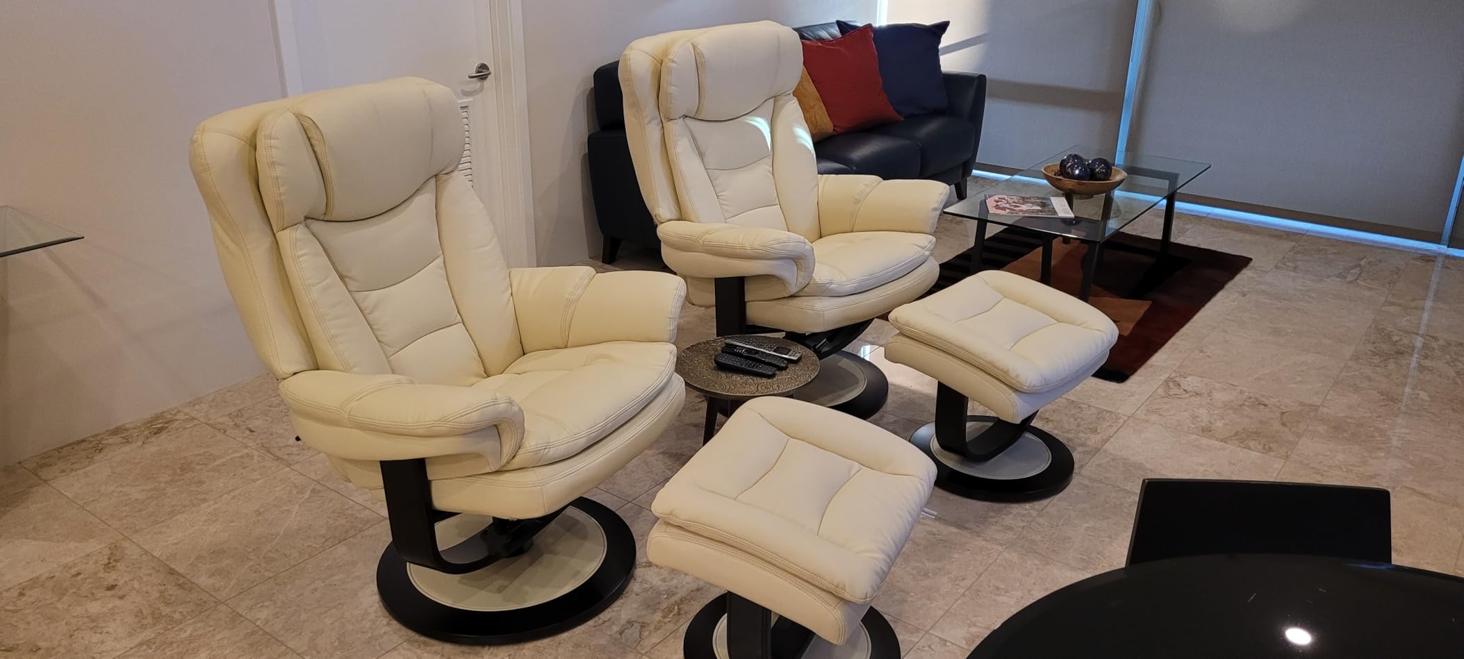 Oversized Swivel Recliner Chair with Ottoman, Adjustable Backrest, 360° Wood Base, High Seat, Faux Leather Lounge Chair for Tall Users in Living Room Office 4651 (Brown) customer photo 1
