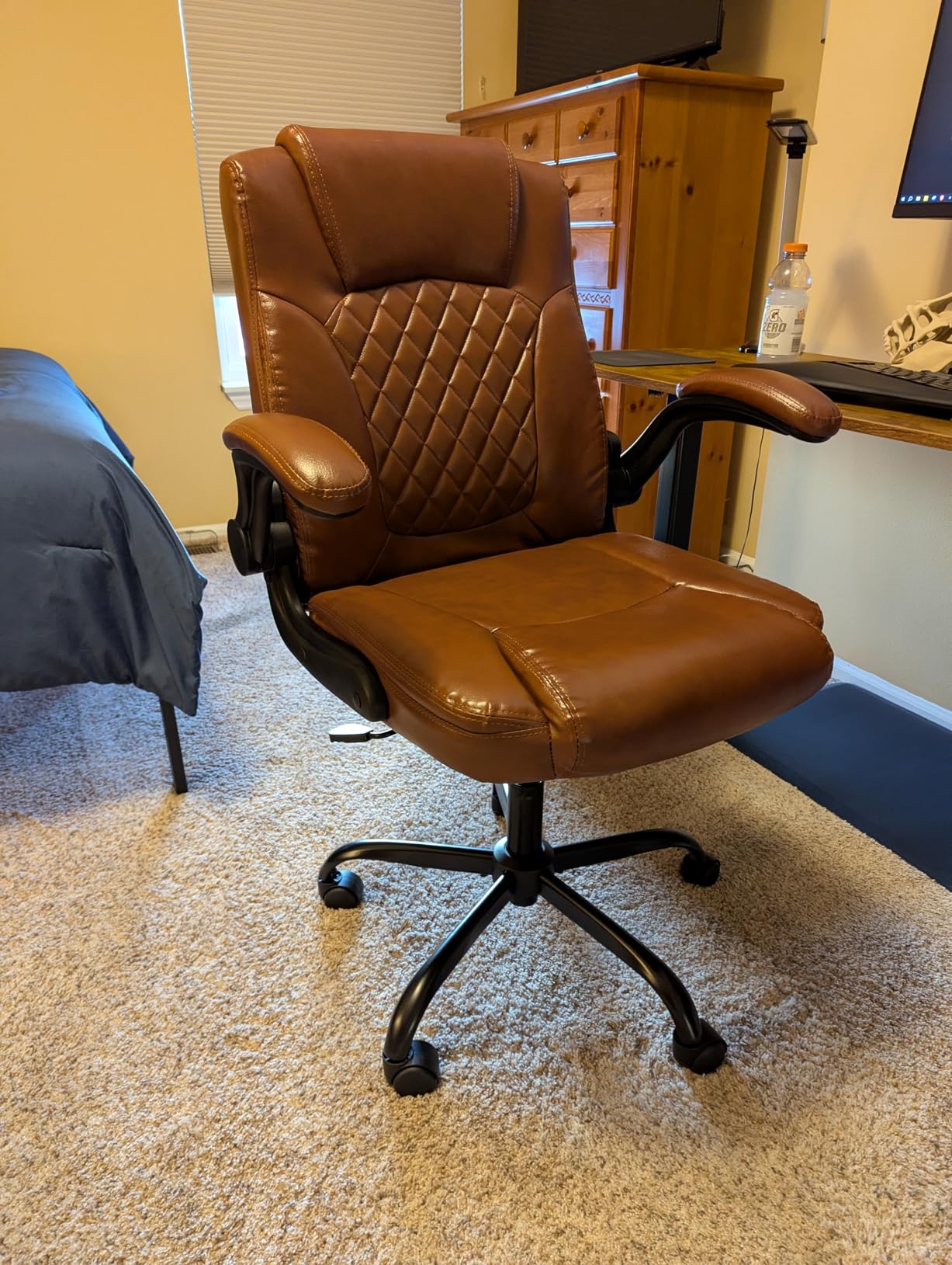 Leather Office Chair, PU Home Computer Desk Chairs with Ergonomic Back Support, 360 Swivel Free, Small Gaming Chair with Wheels and Adjustable Armrests, for Short People Use, Black customer photo 2