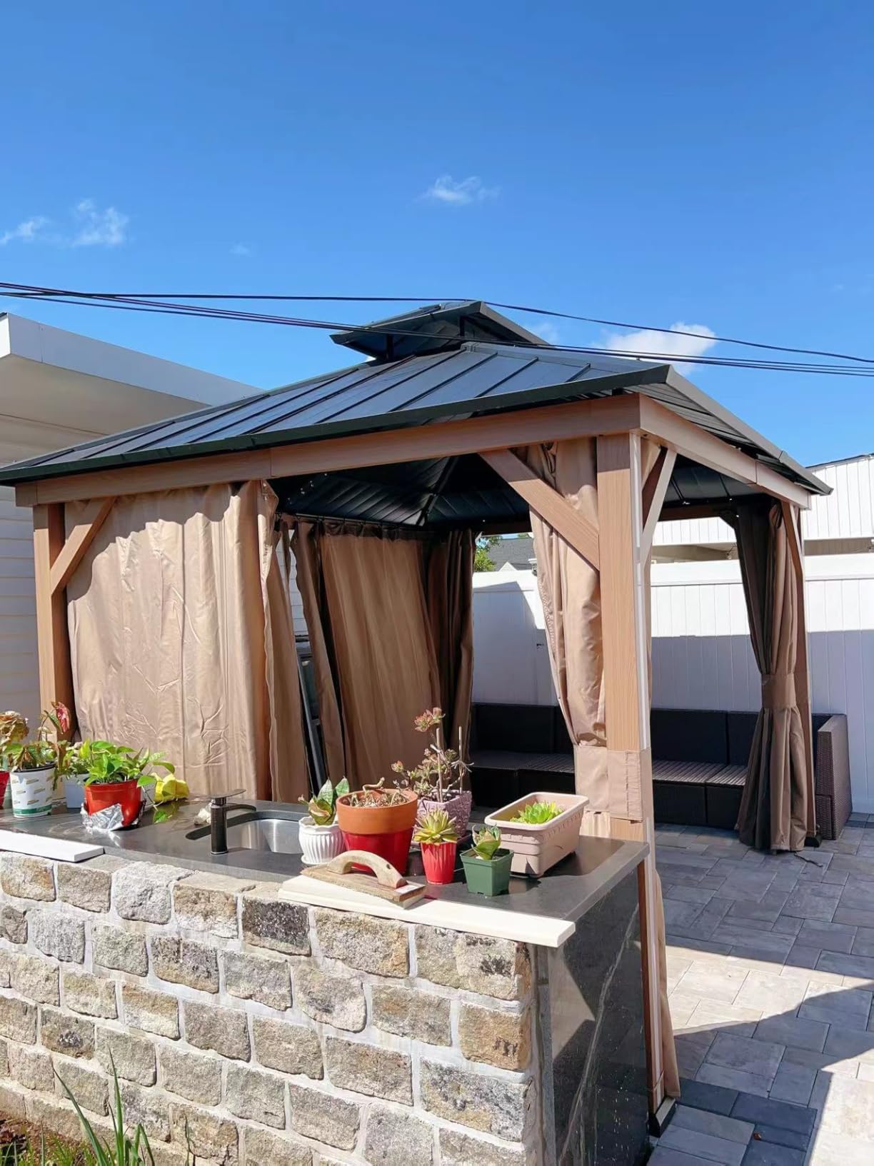 Modern Shade Hardtop Gazebo 10' x 12' with 4 Lights, Outdoor Gazebo with Galvanized Steel Double Roof, Patio Pavilion with USB and USB-C connectors, Netting and Curtains, Wood Looking customer photo 1
