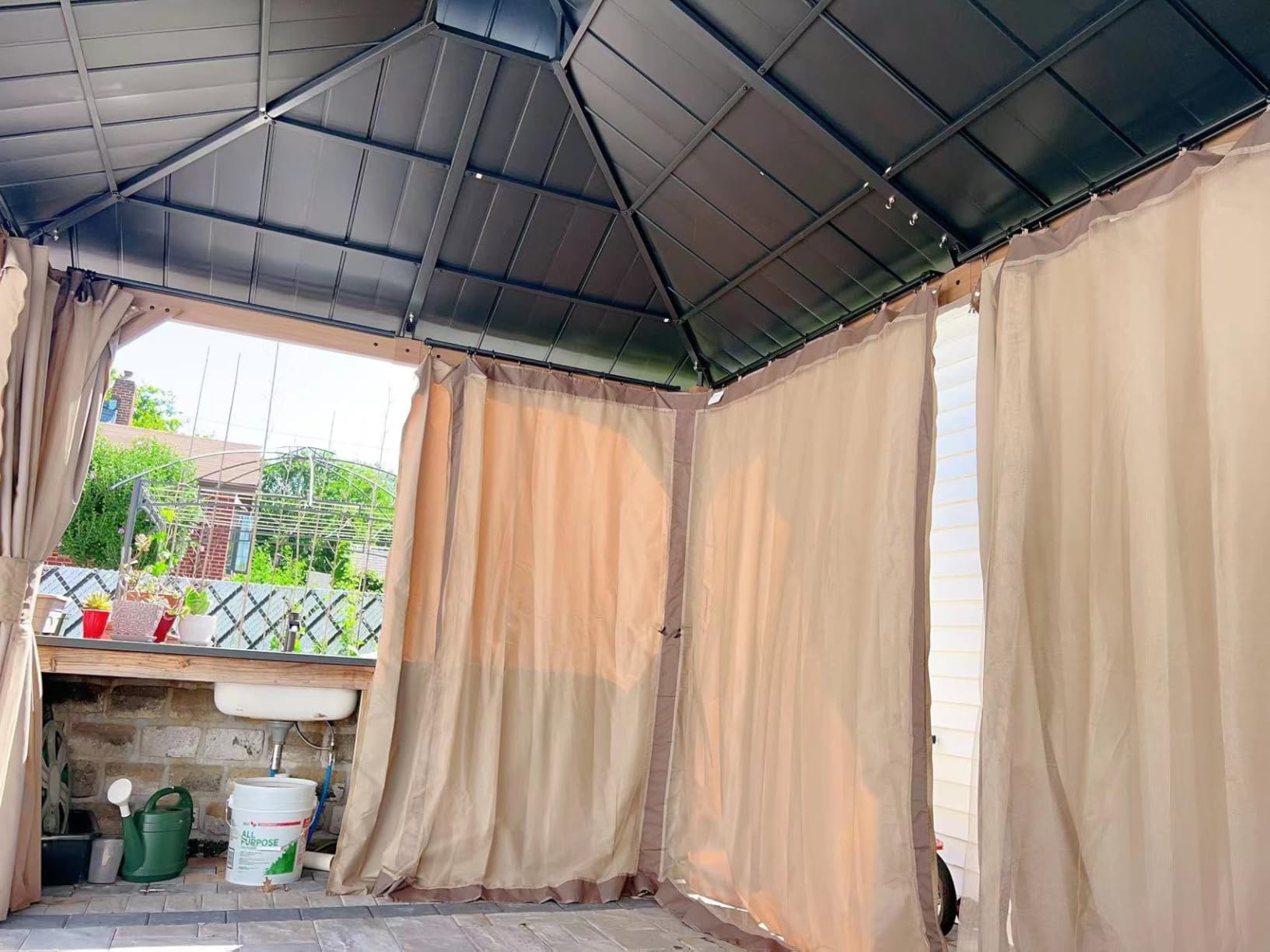 Modern Shade Hardtop Gazebo 10' x 12' with 4 Lights, Outdoor Gazebo with Galvanized Steel Double Roof, Patio Pavilion with USB and USB-C connectors, Netting and Curtains, Wood Looking customer photo 2