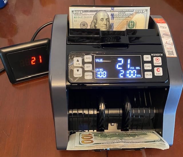 MUNBYN IMC20 Money Counter Machine with Value Count, UV/MG/IR/MT Counterfeit Detection for Dollar/Euro Bill Counter, Add/Batch/Value Mode Cash Counter, LED External Display, 2 Years Warranty, Grey customer photo 2