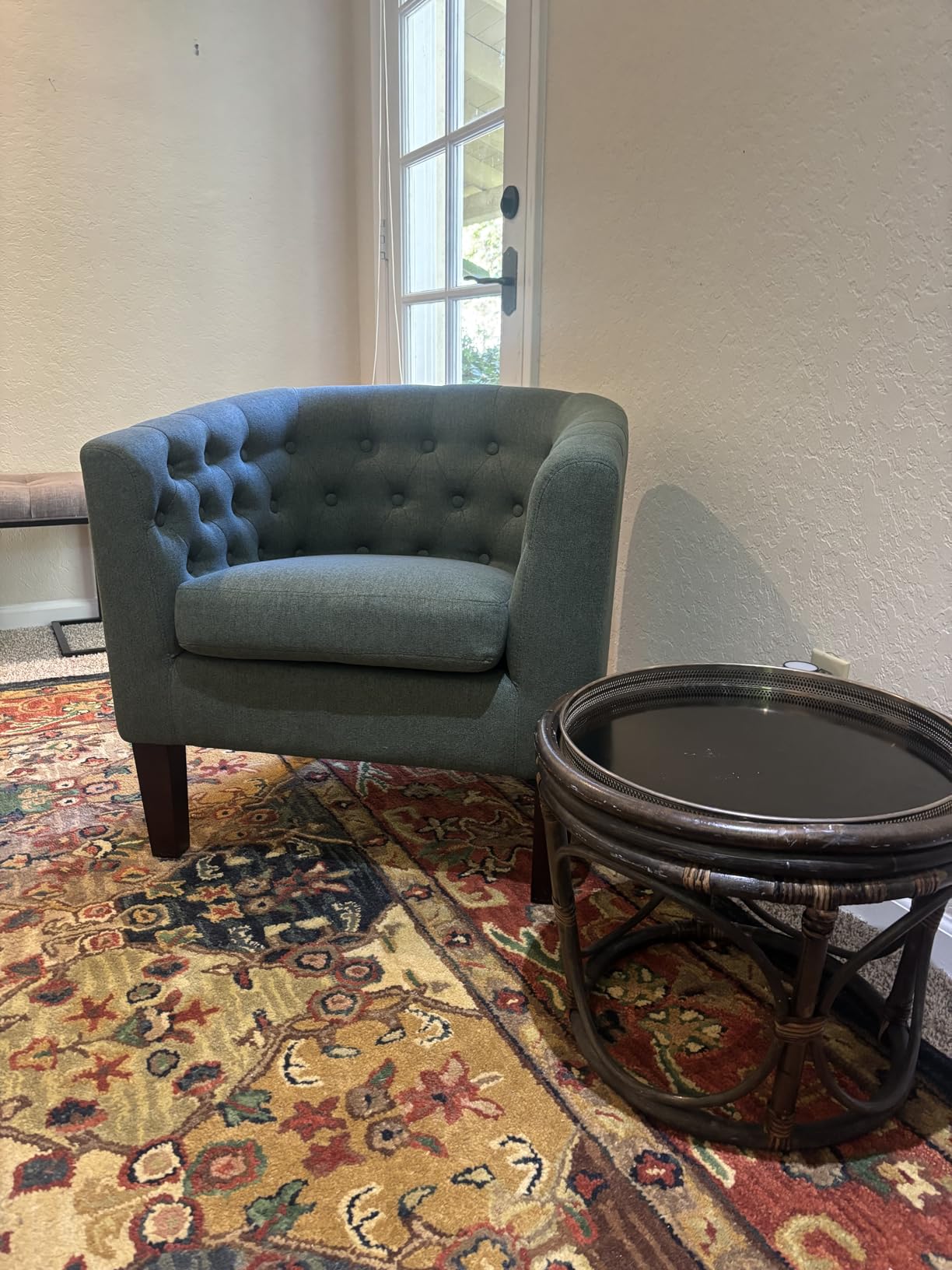 BELLEZE Accent Barrel Arm Chair, Modern Comfy Upholstered Tufted Club Chair with Sturdy Legs and Linen Fabric for Bedroom Living Room - Blue Coral customer photo 2