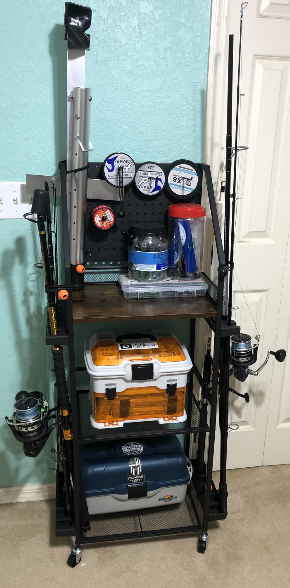 SOYEEZE Fishing Rod Holders for Garage, Fishing Pole Holders Up to 12 Rods with Pegboard and Hooks,Rolling Fishing Cart with Wheels, Fishing Gear Storage For Tackle Box & Reel Organization-6 Hooks customer photo 1