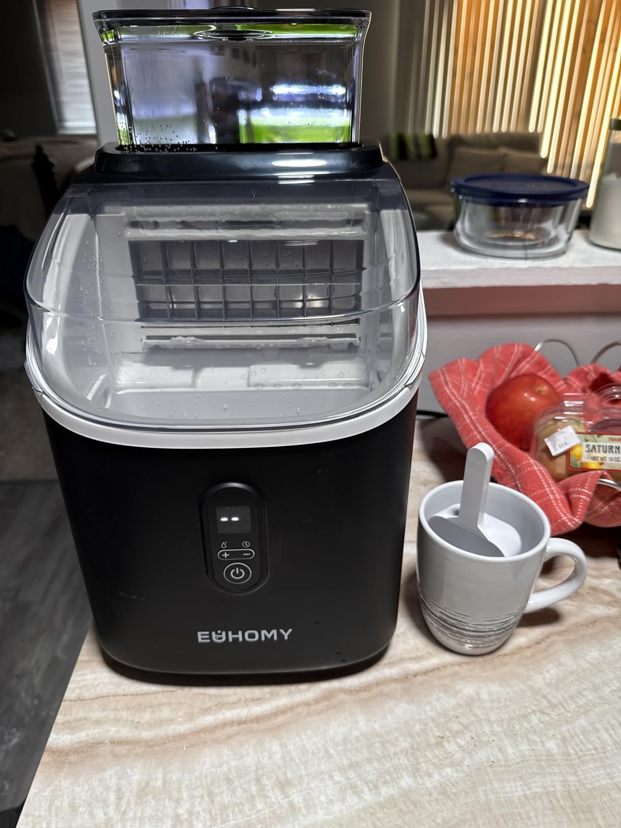 EUHOMY Clear Ice Cube Maker Countertop with 1.5L Top Tank, 34Lbs/Day | 16Pcs Cubes in 7 Mins, 2 Ways to Add Water, Self-Cleaning Square Ice Maker with Scoop & Basket, for Home/Office/Bar, Black customer photo 2