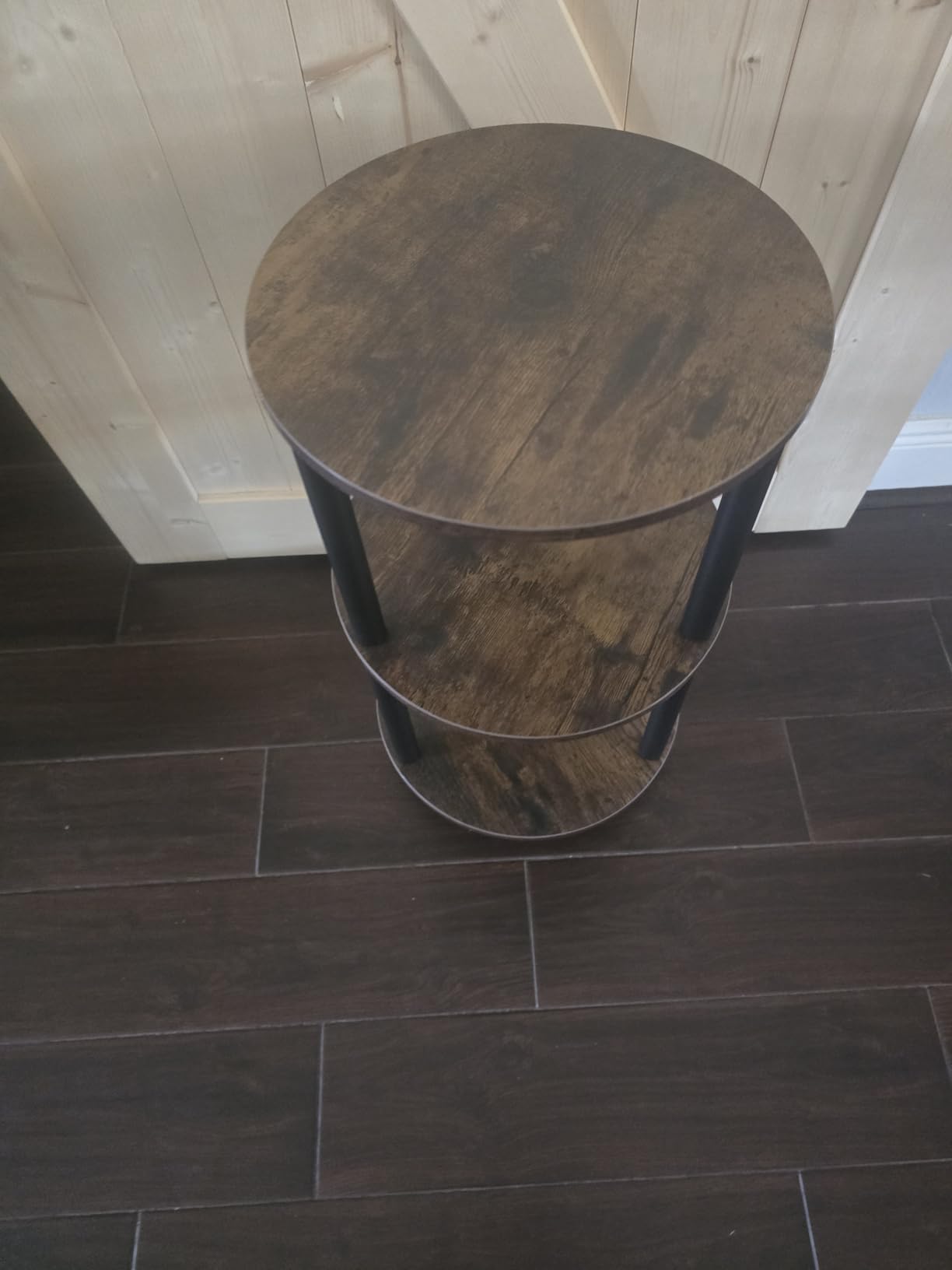 XBurmo Small Round Coffee Table - 3 Tier Design Accent Table, Narrow Side or Bedside Stand, Industrial Vintage Nightstand for Bedroom, Living Room, or Small Spaces, Rustic Brown customer photo 1