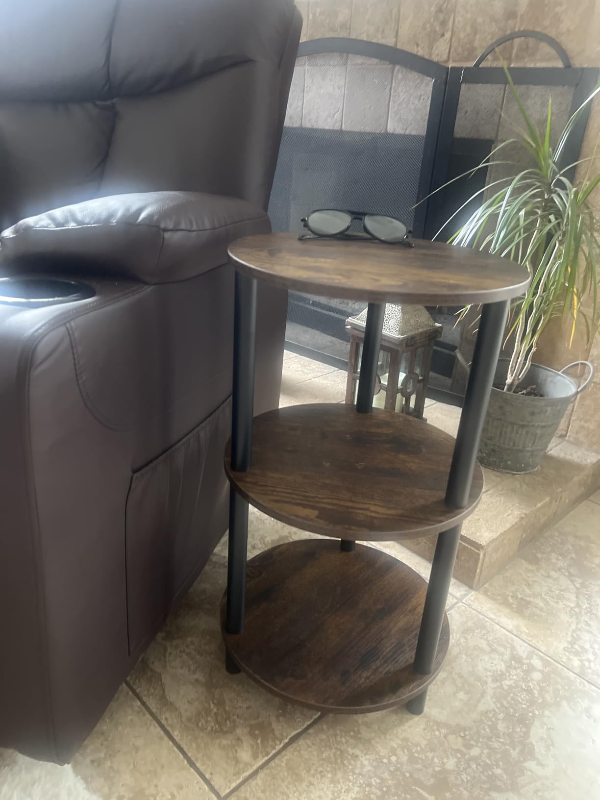 XBurmo Small Round Coffee Table - 3 Tier Design Accent Table, Narrow Side or Bedside Stand, Industrial Vintage Nightstand for Bedroom, Living Room, or Small Spaces, Rustic Brown customer photo 2