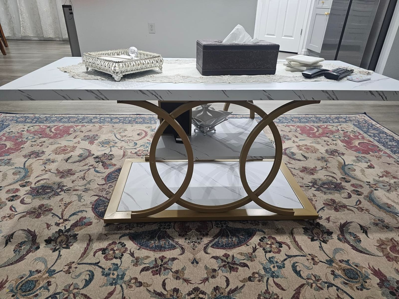GiftGo Rustic Coffee Table with Storage Industrial 3 Tier Center Living Room Table Farmhouse Wooden Rectangle Cocktail Tea Table for Office Bedroom Elegant Full Moon Round Metal Frame (Brown, L-47) customer photo 2