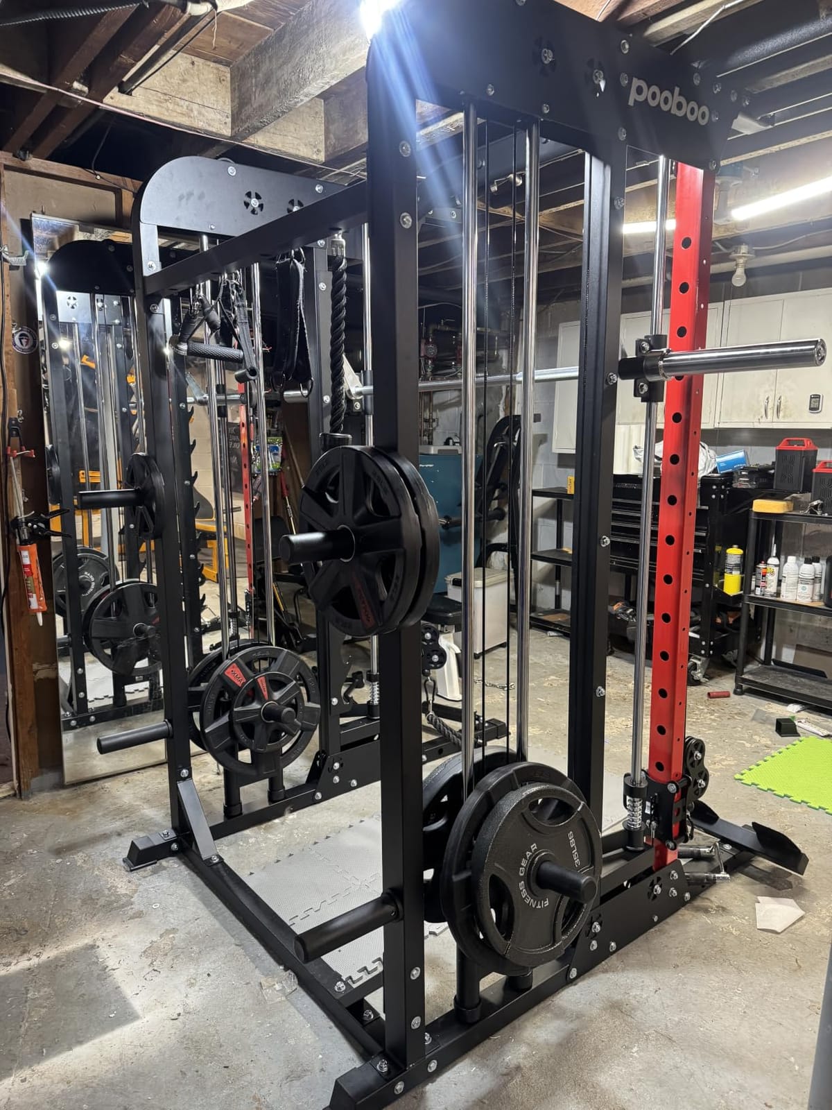 pooboo Power Cage Smith Machine with 2000LB Squat Rack Cable System | LAT Pulldown and Dual Pulley Cable Crossover with All-in-One Home Gym Machine, Adjustable Stations and Training Attachments customer photo 2