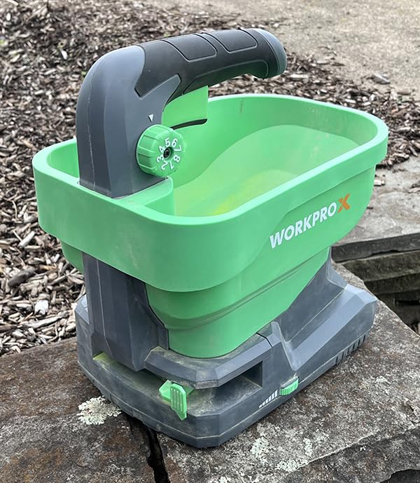 WORKPROX Battery Powered Fertilizer Spreader, 7.2V Seed Spreader for Salt, De-Icer, Earth Food, Rechargeable Grass Seed Spreader with 8-Level Settings and Holds up to 6458 sq.ft. of Product | Battery Powered customer photo 1