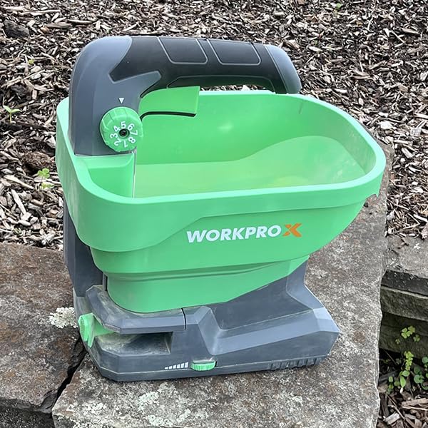 WORKPROX Battery Powered Fertilizer Spreader, 7.2V Seed Spreader for Salt, De-Icer, Earth Food, Rechargeable Grass Seed Spreader with 8-Level Settings and Holds up to 6458 sq.ft. of Product | Battery Powered customer photo 2
