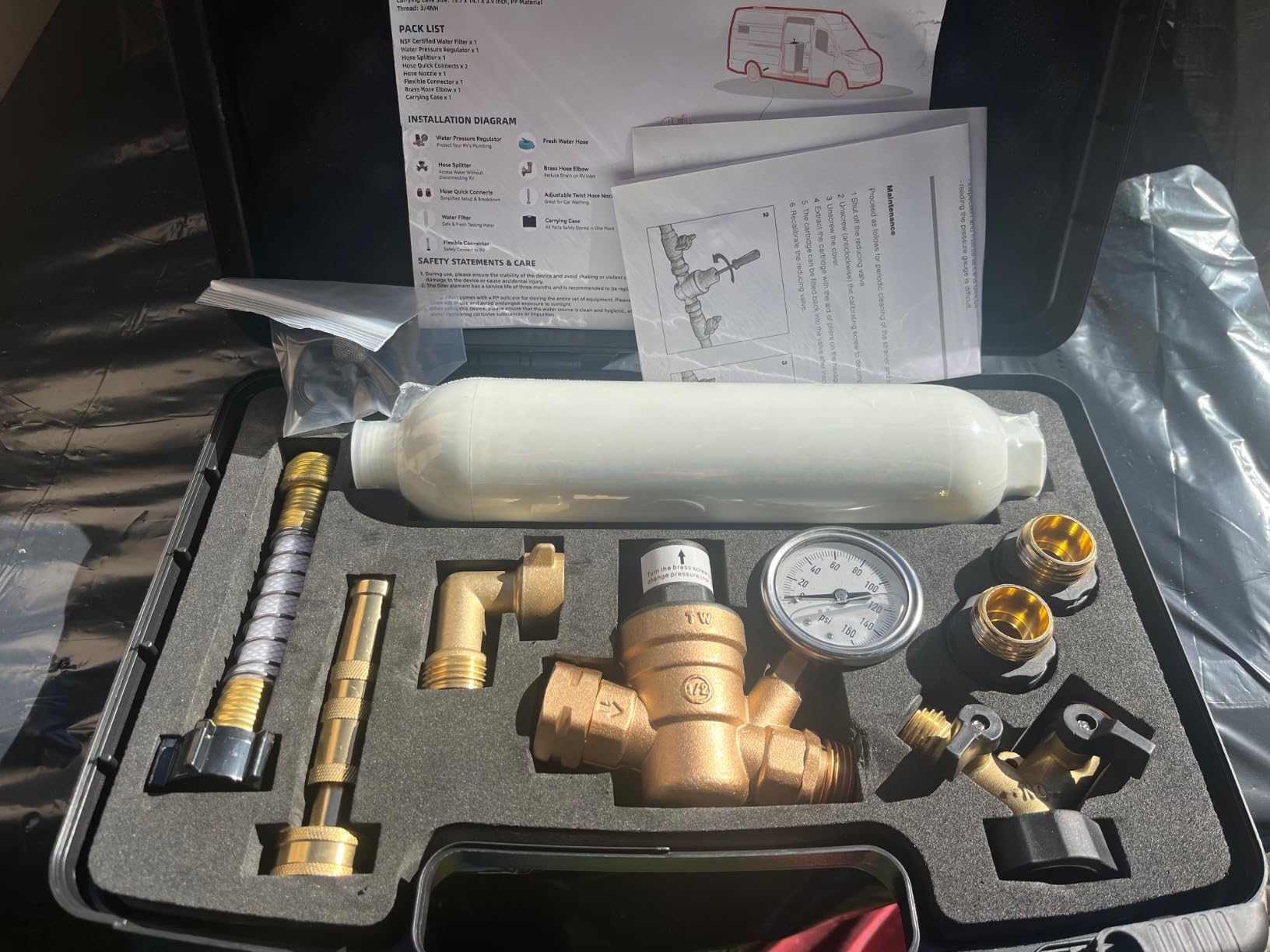 KORVOS All in One Fresh Water Kit, RV Water Pressure Regulator, Inline Water Filter, Hose Splitter, Brass Elbow, Flexible Connector, Hose Quick Connects, Leak Repair Kit, and Carrying Case customer photo 1