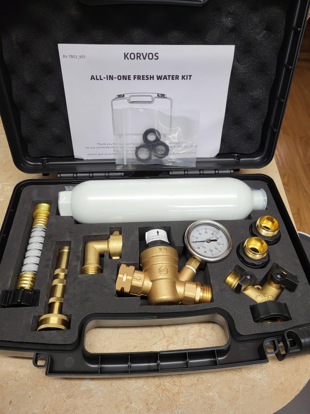 KORVOS All in One Fresh Water Kit, RV Water Pressure Regulator, Inline Water Filter, Hose Splitter, Brass Elbow, Flexible Connector, Hose Quick Connects, Leak Repair Kit, and Carrying Case customer photo 2