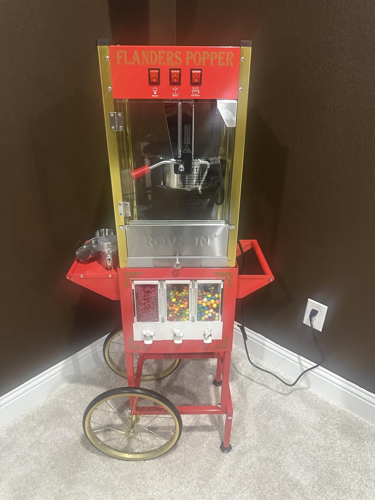 ROVSUN Popcorn Machine Cart with Candy Dispenser, 8 Oz Kettle Makes Up to 32 Cups ETL, Popcorn Maker w/Scoop, Oil Spoon, Bags & Cups, Movie Theater Style Popper for Commercial Home Party, Red customer photo 1