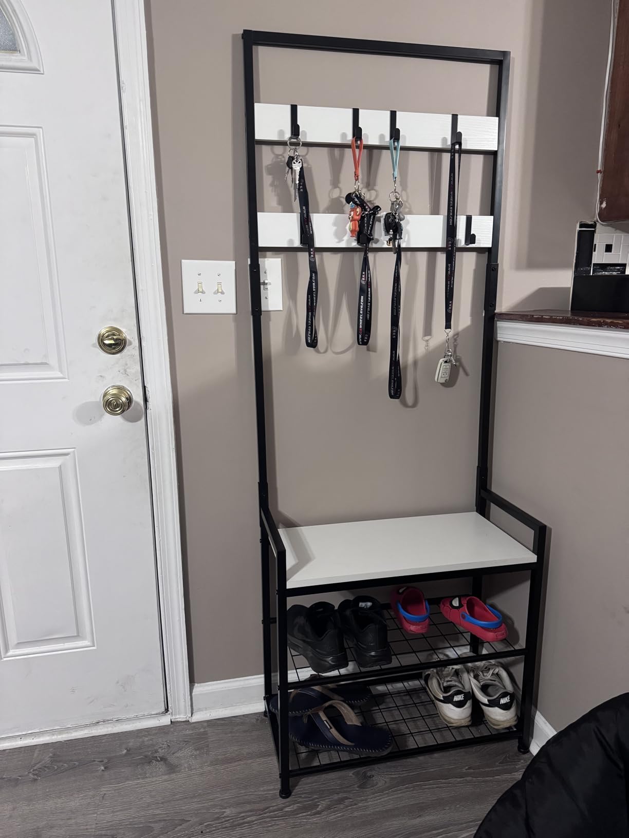 Coat Rack Hall Tree with Shoe Storage, Entryway Hall Tree Storage Bench, Wood Look Accent Furniture with Metal Frame, 3-in-1 Design, Rustic Brown | 7 Movable Hooks, 330lb Weight Capacity, Anti-Tip Design, Adjustable Feet, Fits Small Spaces customer photo 1
