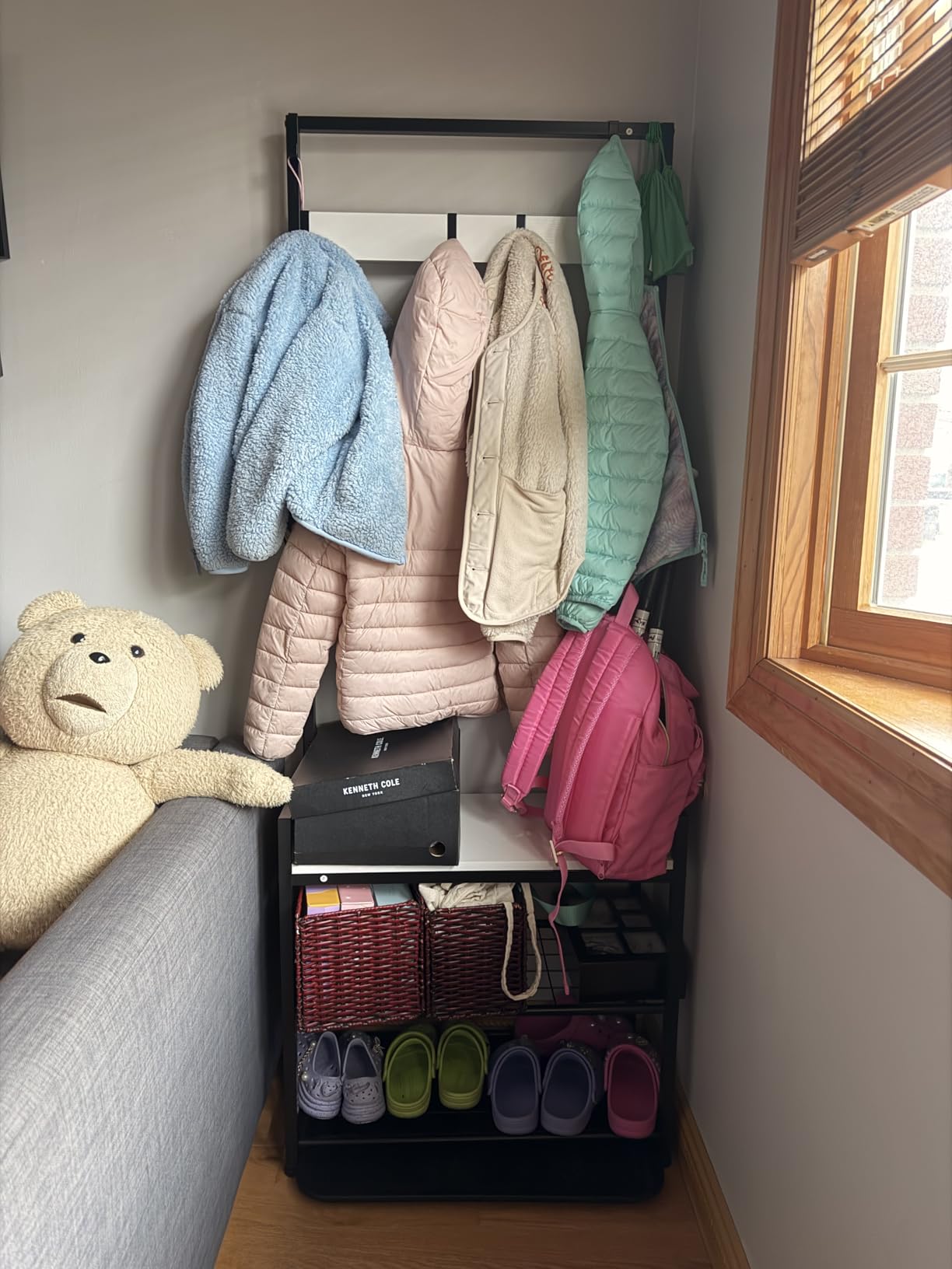 Coat Rack Hall Tree with Shoe Storage, Entryway Hall Tree Storage Bench, Wood Look Accent Furniture with Metal Frame, 3-in-1 Design, Rustic Brown | 7 Movable Hooks, 330lb Weight Capacity, Anti-Tip Design, Adjustable Feet, Fits Small Spaces customer photo 2
