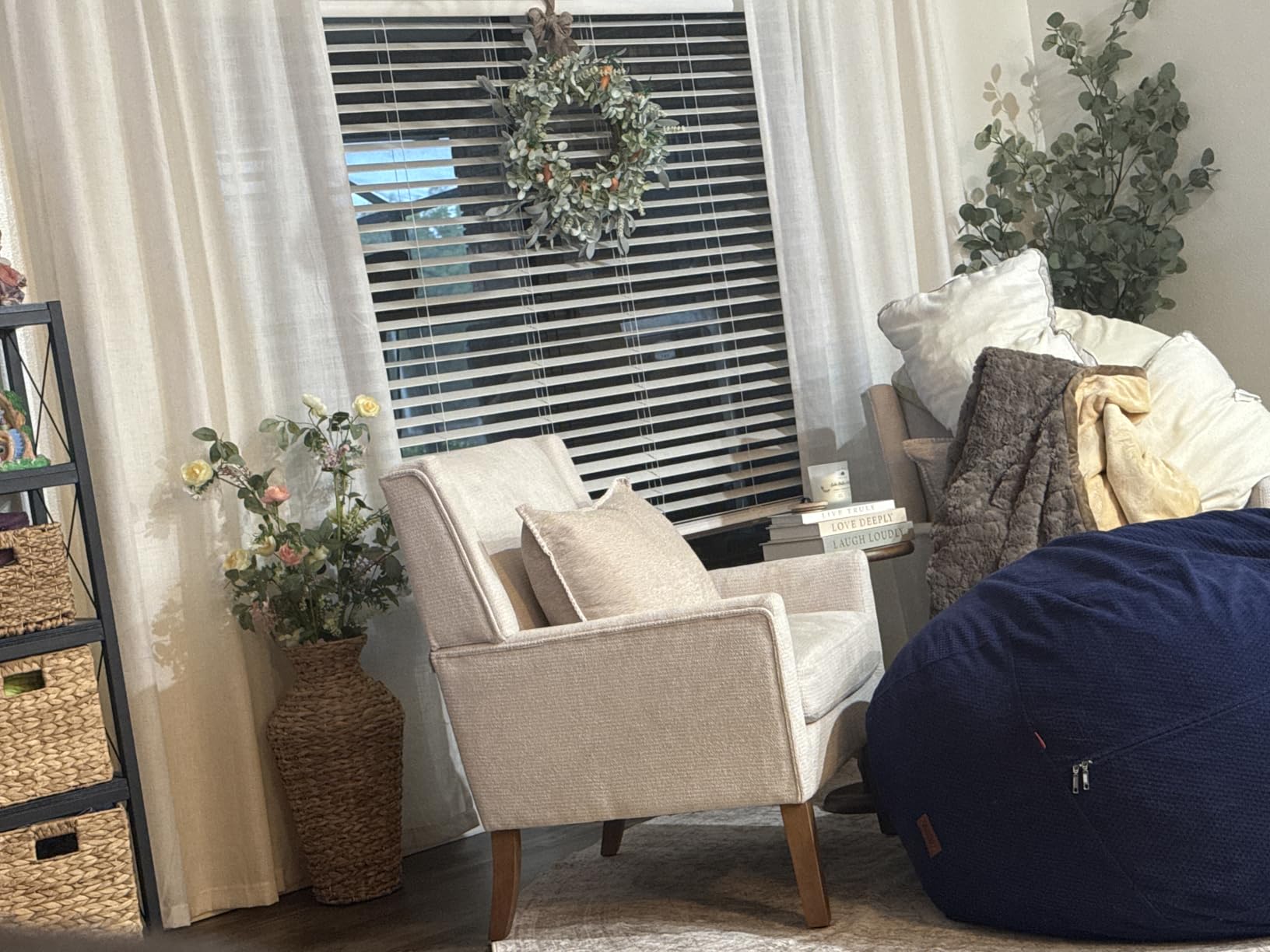 COLAMY Modern Wingback Living Room Chair, Upholstered Fabric Accent Armchair, Single Sofa Chair with Lounge Seat and Wood Legs for Office/Bedroom/Reading Spaces, Beige customer photo 2