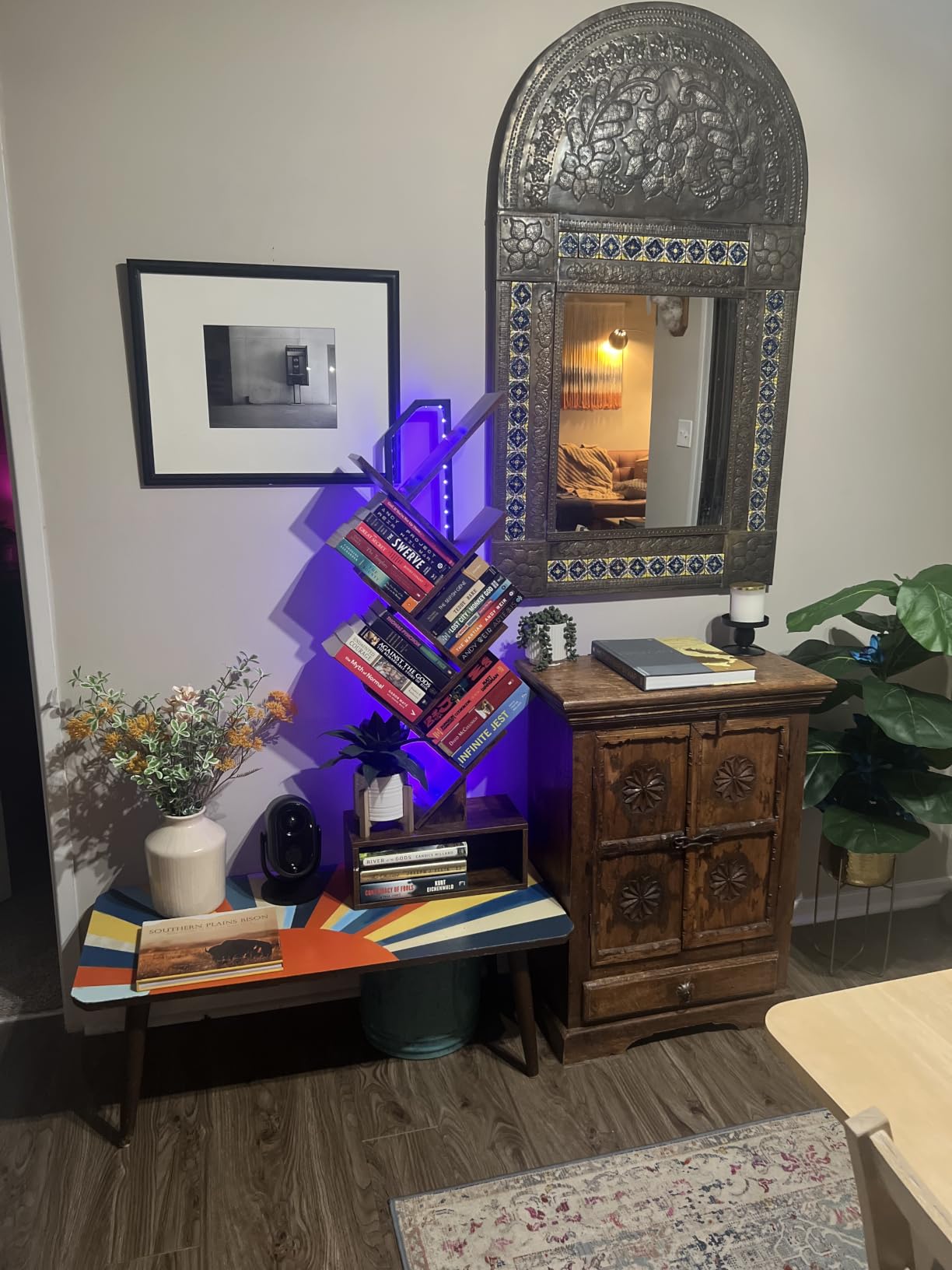 Casaottima Tree Bookshelf with LED Lights, 6-Tier Small Bookshelf, Vintage | Narrow Bookcase for Small Spaces, Steel & Wood Storage Shelf with Cabinet, Home Organizer for Living Room, Bedroom, Office customer photo 2