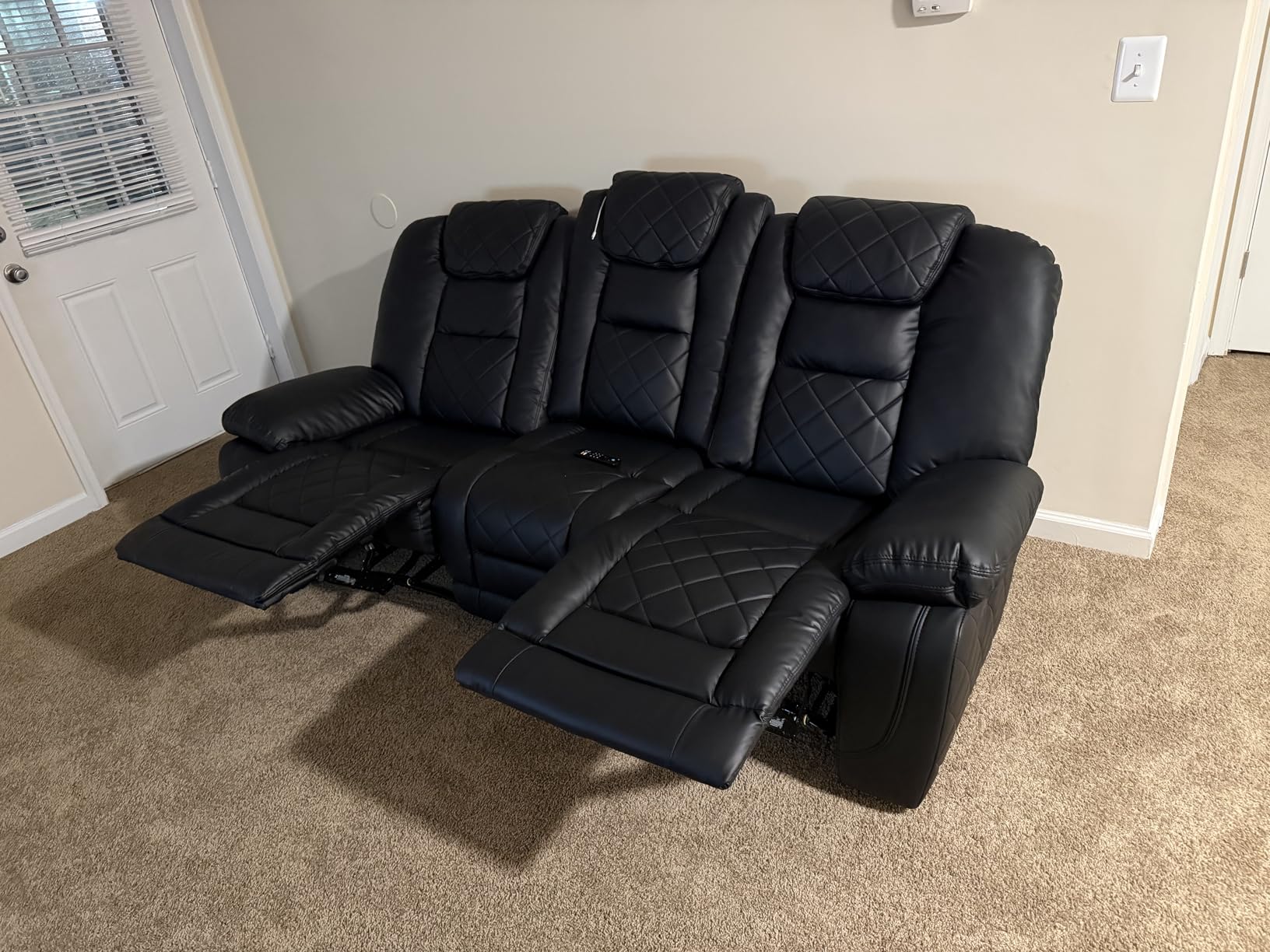 EBELLO Faux Leather Manual Loveseat Recliner Sofa, 2 Seat Reclining Couch Chair with Center Console, Hidden Storage and Cup Holders, Home Theater Seating for Living Room, Black (Loveseat) customer photo 1