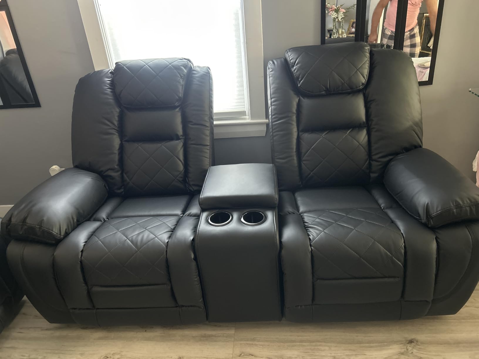 EBELLO Faux Leather Manual Loveseat Recliner Sofa, 2 Seat Reclining Couch Chair with Center Console, Hidden Storage and Cup Holders, Home Theater Seating for Living Room, Black (Loveseat) customer photo 2