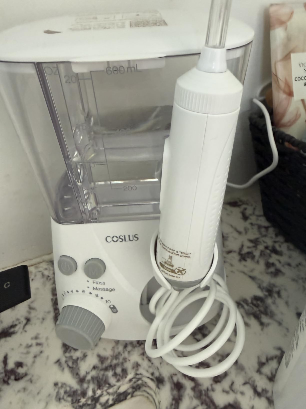 COSLUS E2 Advanced Water Flosser for Teeth: 2 Modes & 12 Pressure Settings Electric Dental Pick for Orthodontic, Braces, Sensitive Gums - Home Use, 5 Jet Tips for Multiple Users, Family, White customer photo 1