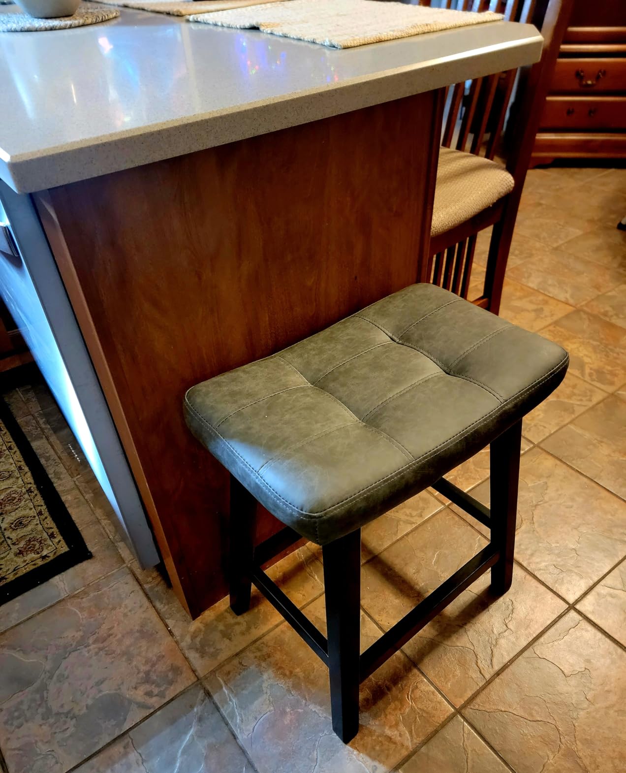 Counter Height Bar Stools Set of 2 for Kitchen Counter, Backless Farmhouse Island Short Barstools, Padded Fabric Saddle Seat, Solid Wood Legs, 24 inch, Khaki customer photo 2