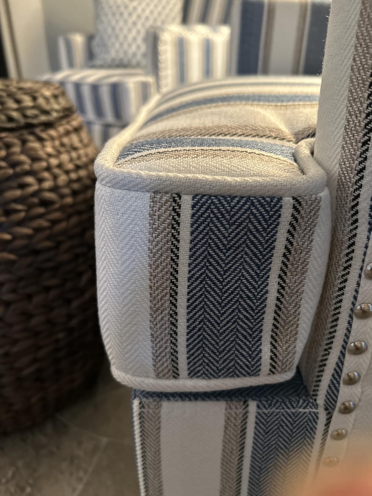 Accent Chair, Comfy Cozy Modern Mid-Century Accent Chairs, Linen Upholstered Lounge Arm chair with Solid Wood Reading Side Padded Single for Living Room/Balcony/Bedroom, Blue Stripe customer photo 1