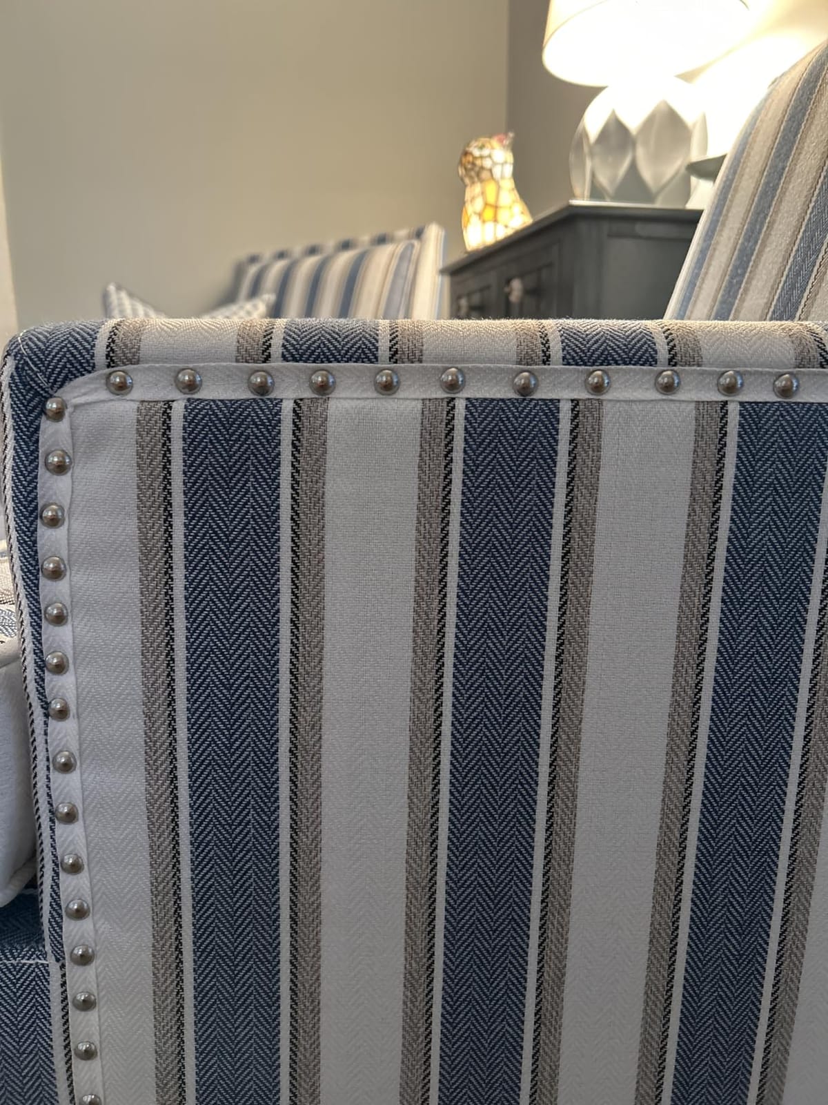 Accent Chair, Comfy Cozy Modern Mid-Century Accent Chairs, Linen Upholstered Lounge Arm chair with Solid Wood Reading Side Padded Single for Living Room/Balcony/Bedroom, Blue Stripe customer photo 2