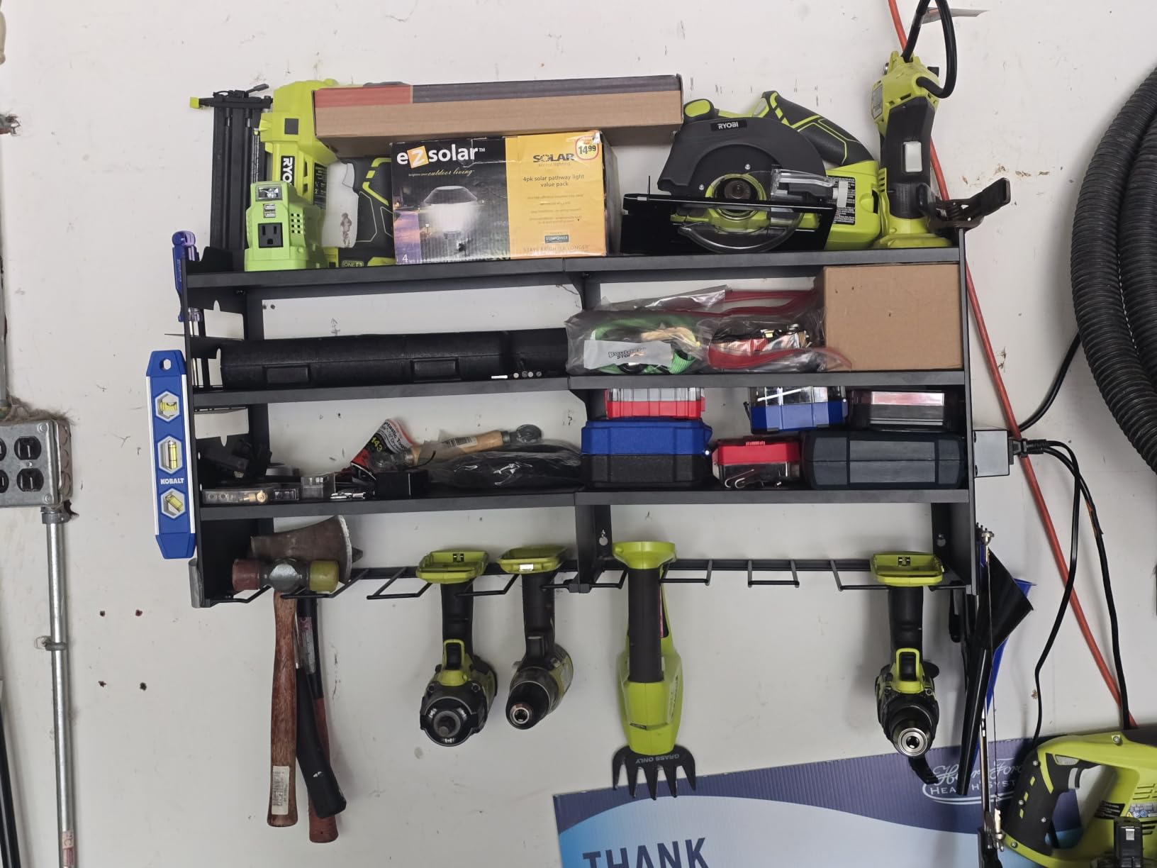 Large Power Tool Organizer Wall Mount with Charging Station, 4 Layer Heavy Duty Metal Tool Storage Shelf Loads 600lbs, Battery Utility Rack With 4 Outlet Power Strip with 8 Cordless Drill Holder customer photo 1