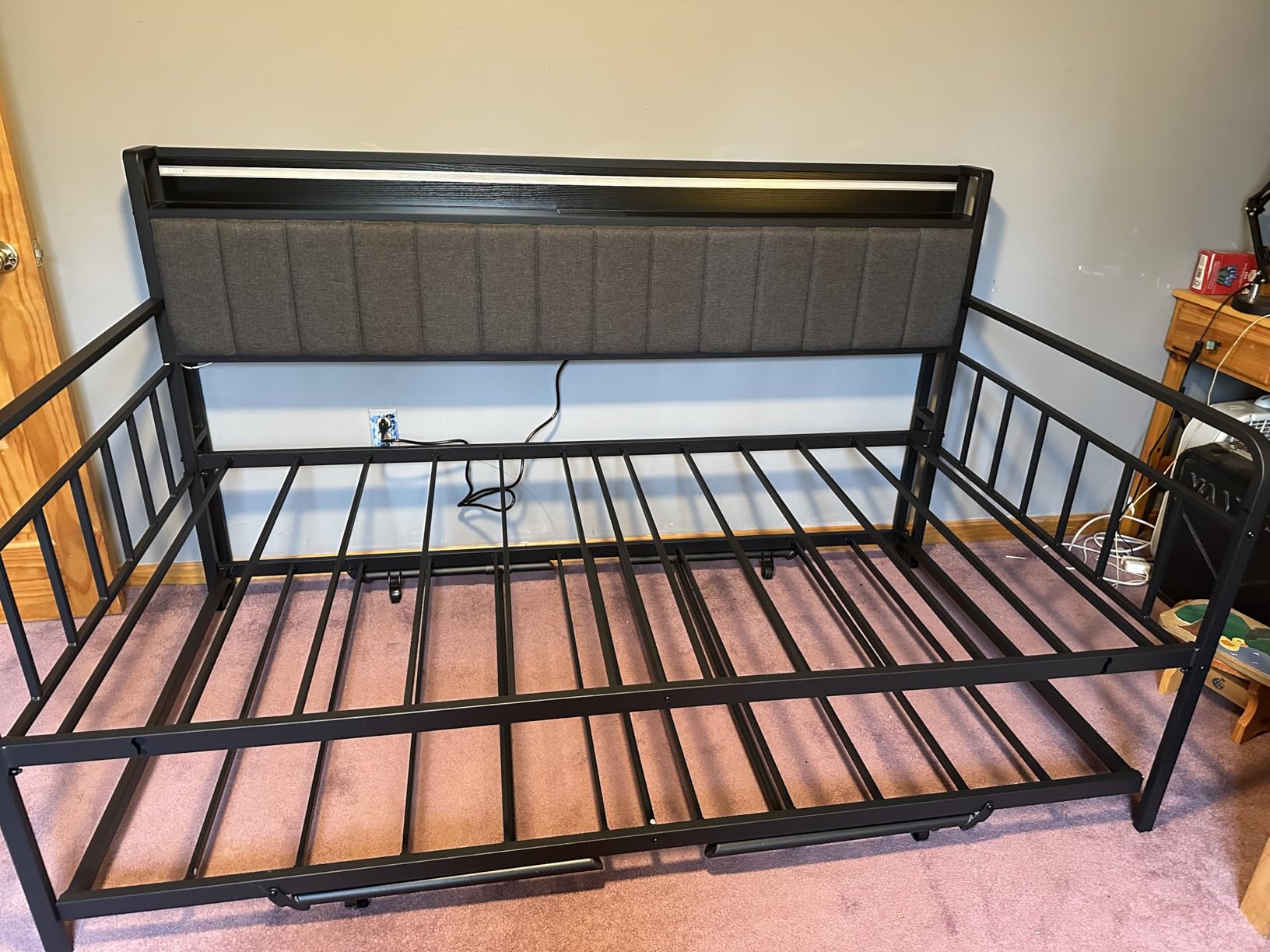 Daybed with Trundle and LED Light, Heavy Duty Metal Twin Bed Frame with Upholstered Storage Headboard & Charging Station, Day Bed Pop Up Trundle Bed Twin for Living Room, Bedroom and Guest Room, Black customer photo 2