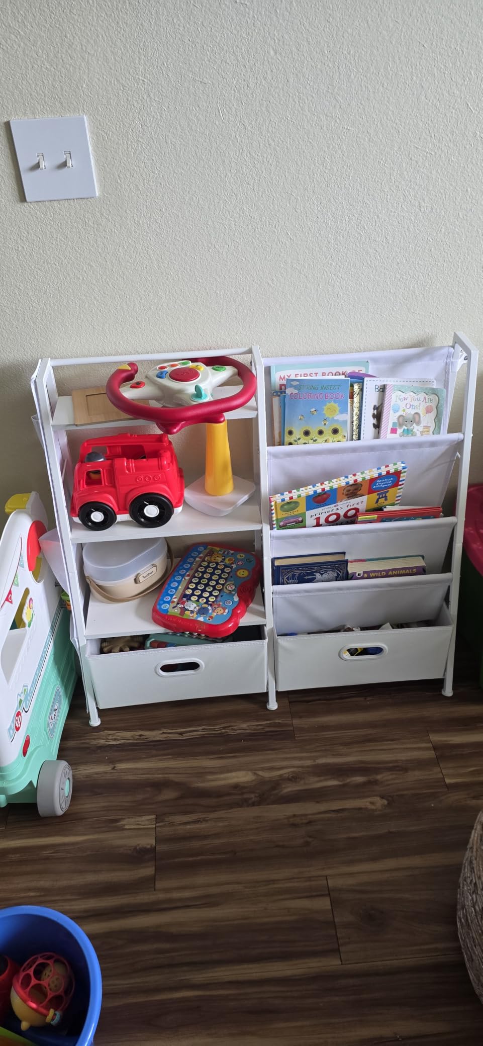 Homeiju Kids Bookshelf and Toy Storage Organizer, 3 Tier Kids Bookcase, Sling Bookshelf and 2 Toy Bins with Toy Storage Organizer for Children Room, Playroom, Nursery, White customer photo 2
