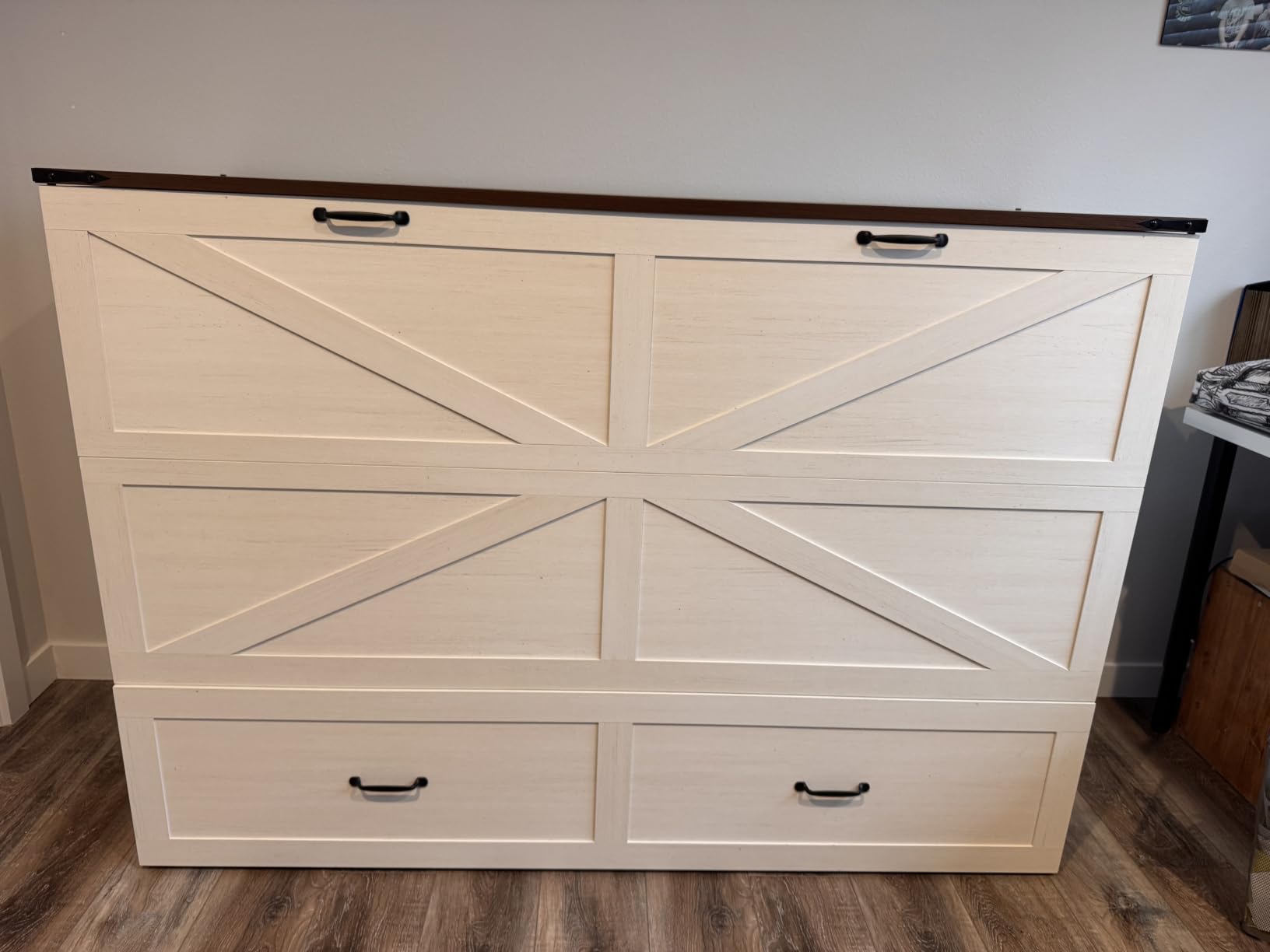 Hlivelood Queen Size Murphy Chest Bed with Drawer and Charging Station, Farmhouse Wood Space-Saving Hidden Folding Bed Chest, Multifunctional Storage Cabinet Beds for Bedroom, Office, Rustic White customer photo 1