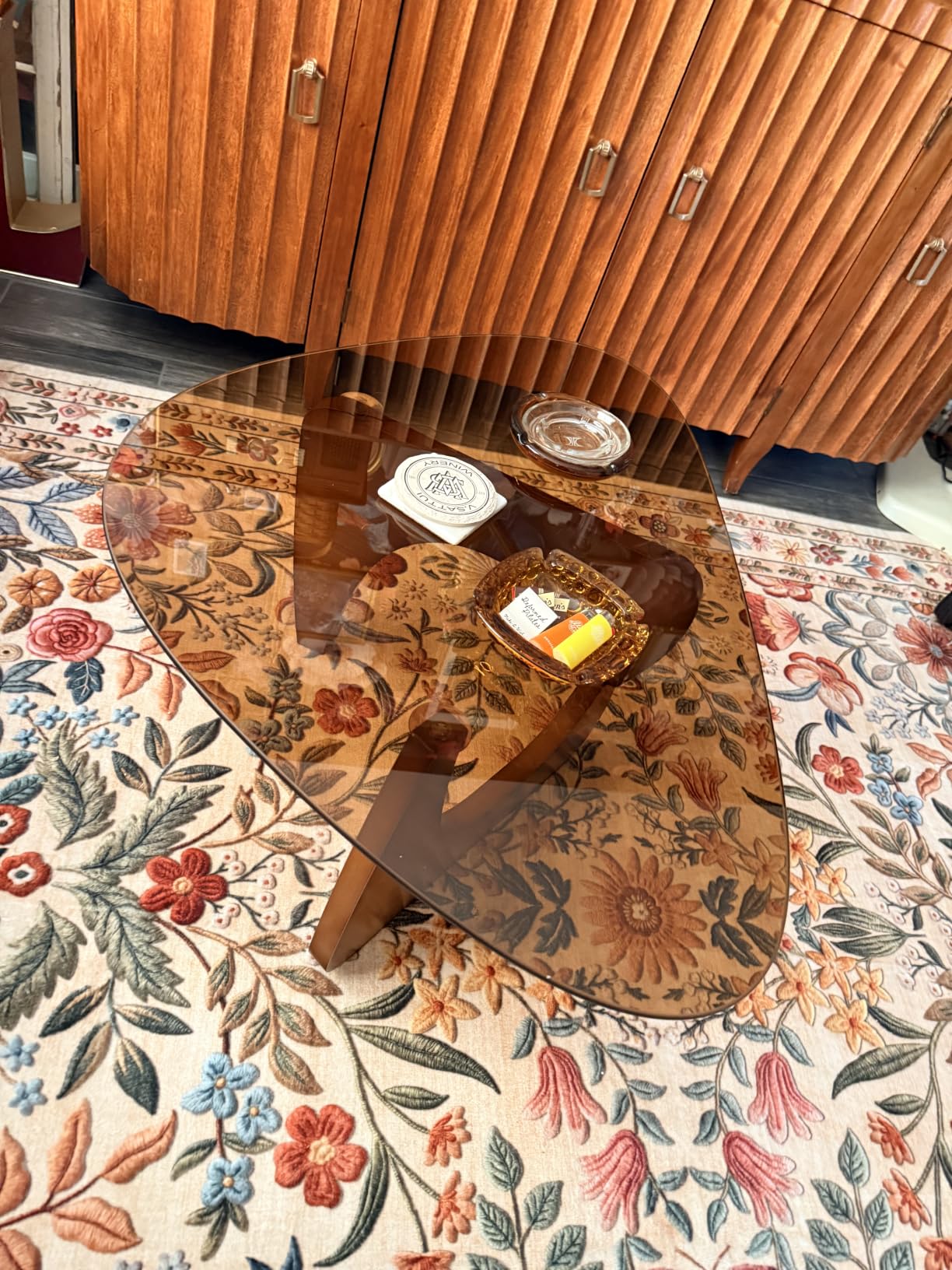 Glass Coffee Table, Mid Century Modern Coffee Table, Coffee Table for Living Room Center Table Suitable for Bedroom Living Room Reception Office Tables (Walnut/Transparent, Large) customer photo 2