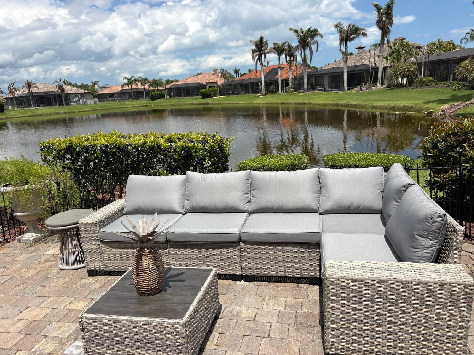 Outdoor Patio Furniture Set PE Wicker Rattan Outdoor Sectional Sofa | Patio Conversation Set with Rocking Swivel Chair, Chunky Arms Coffee Table & Thickened Cushions for Proch 9PCS, Navy Blue customer photo 2