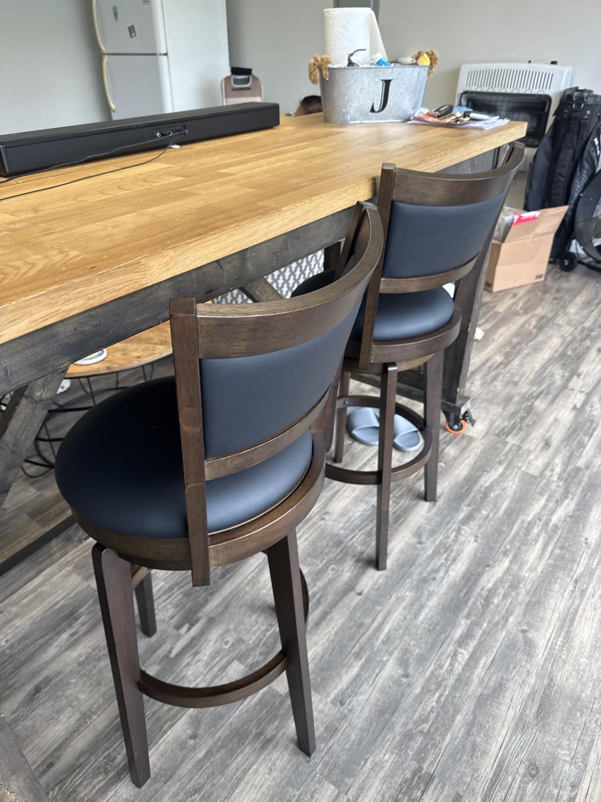 PrimeZone Swivel Bar Stools Set of 3, 26 Inch Counter Height Barstools, Black Faux Leather, High Backrest, Solid Rubberwood Frame, Wrap-around Footrest, Counter Stools for Kitchen Island, Pub customer photo 1